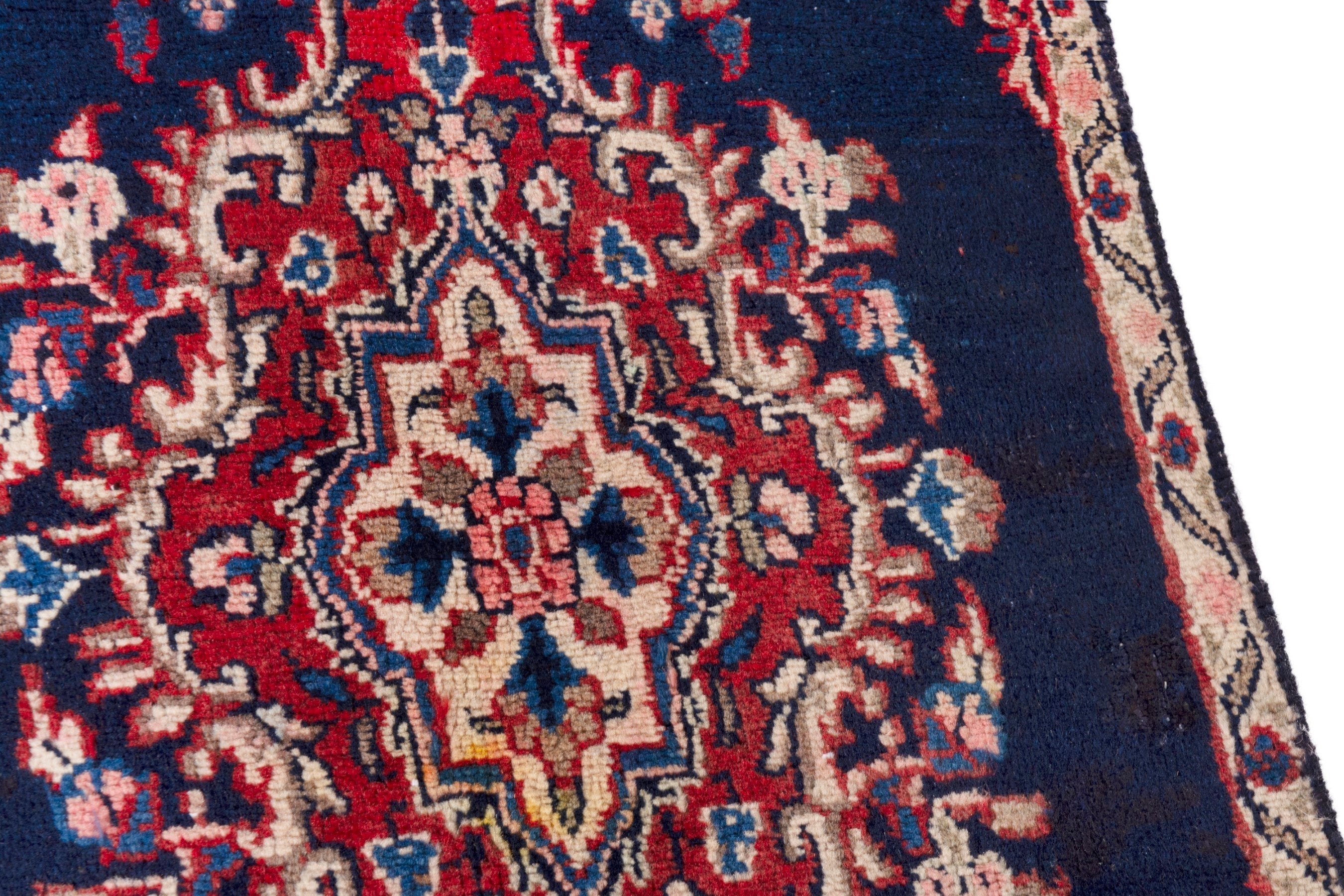 Persian Hamedan runner rug in navy and deep red, view 9 of 18