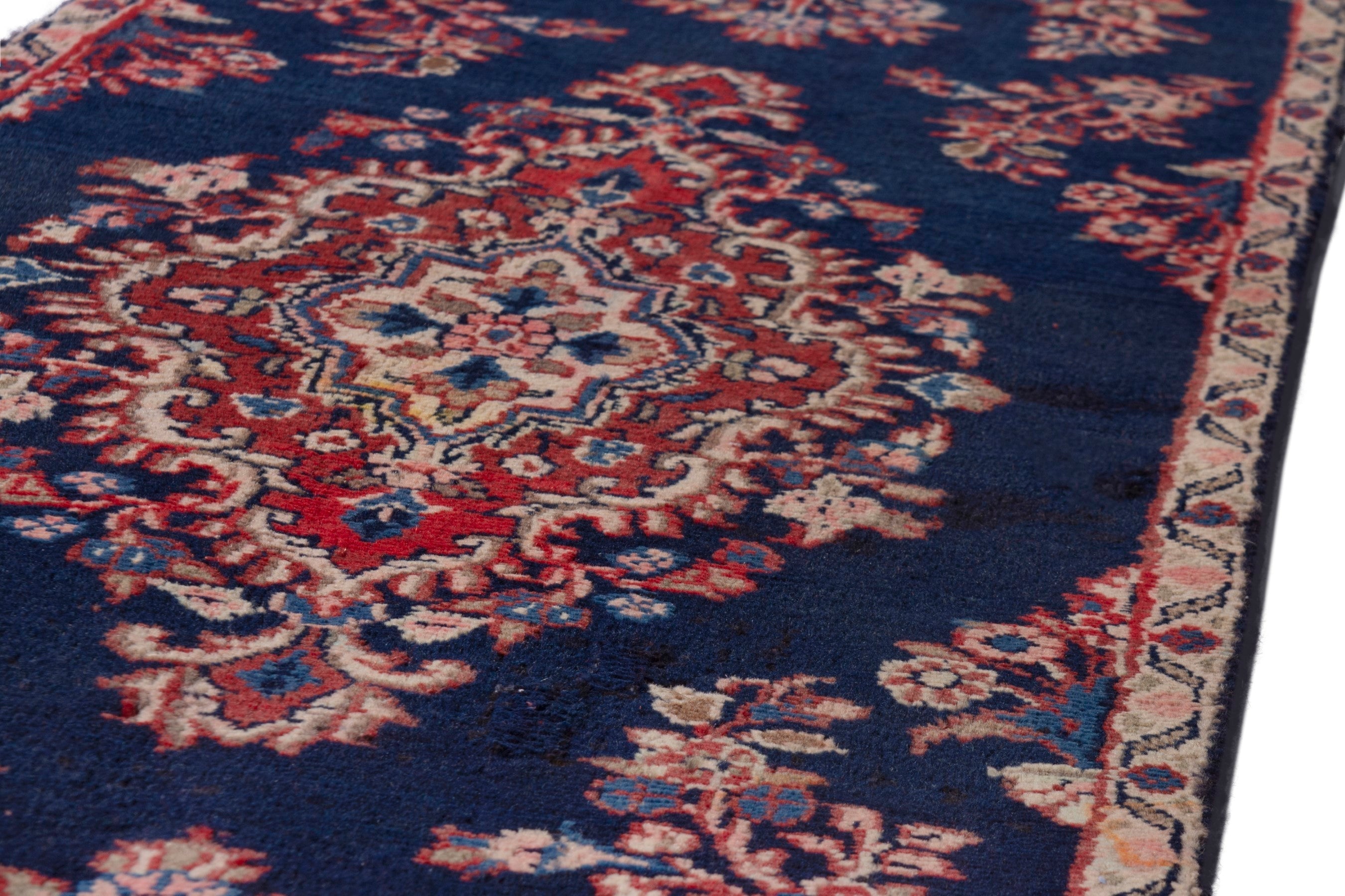 Persian Hamedan runner rug in navy and deep red, view 7 of 18
