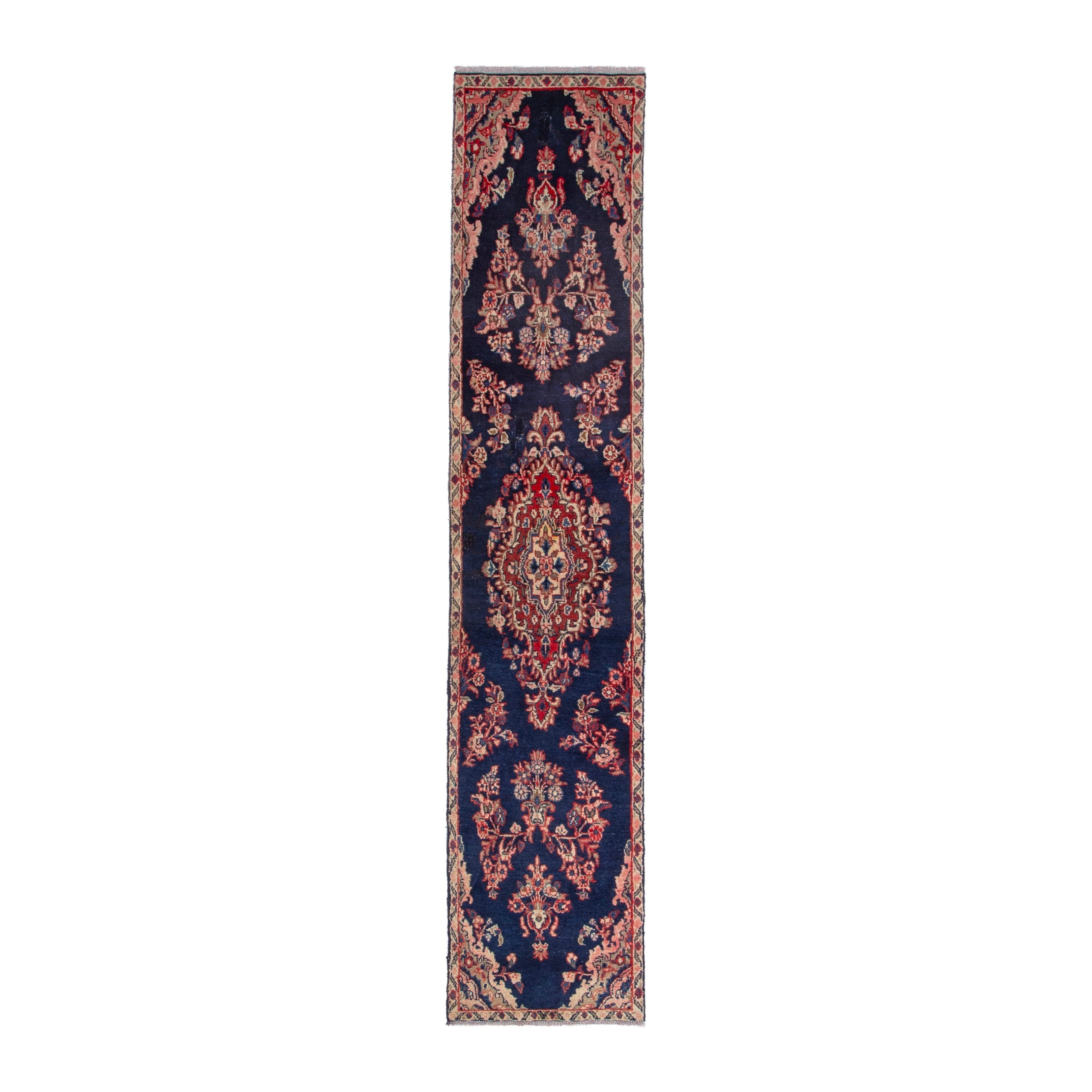 Persian Hamedan runner rug in navy and deep red, 1'9" x 9'1"