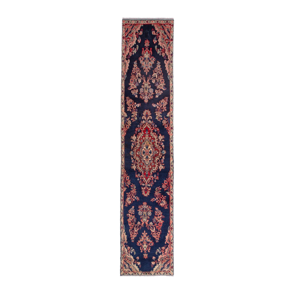 Persian Hamedan runner rug in navy and deep red, 1'9" x 9'1"