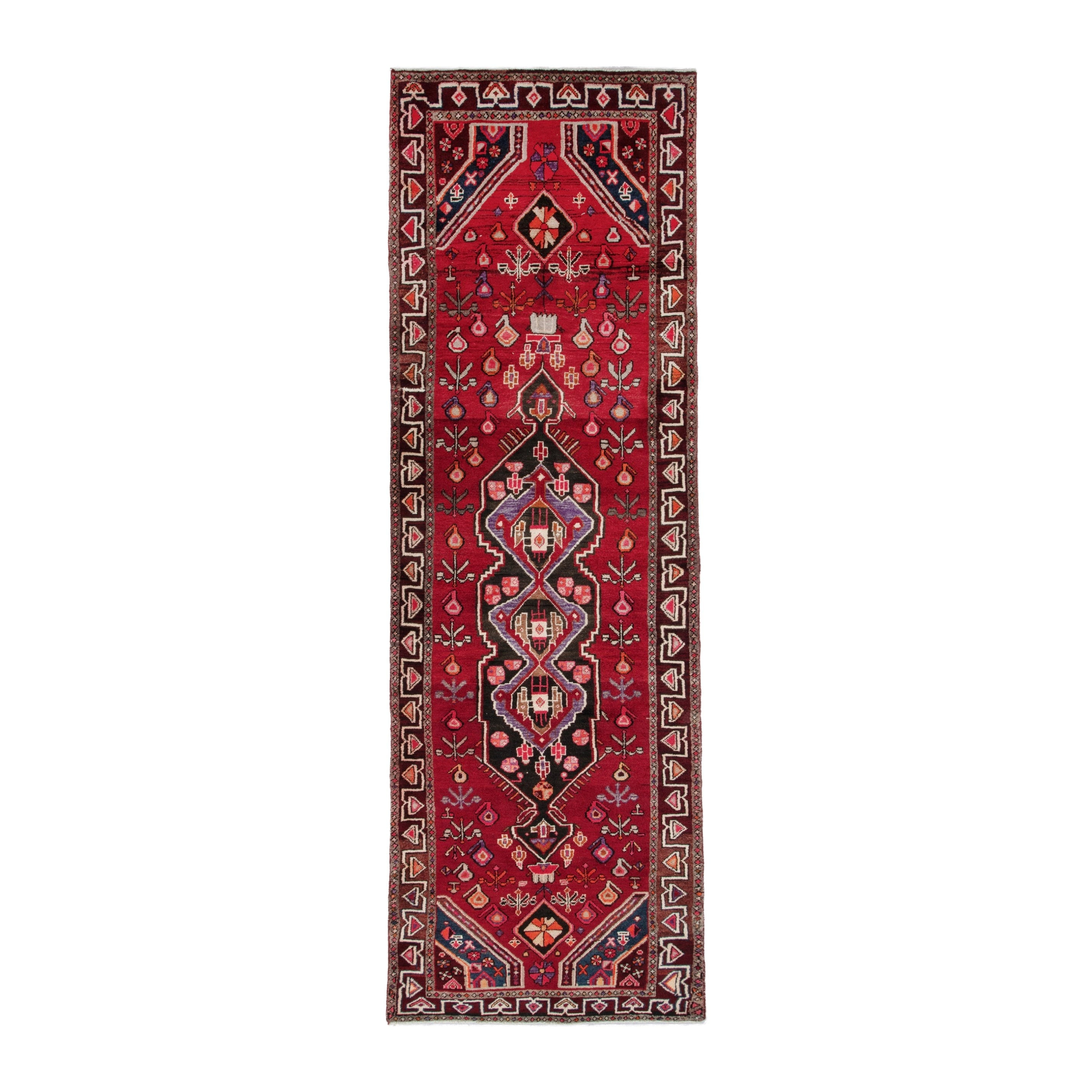 Persian Hamedan runner rug in deep red and burgundy, 3'9" x 12'8"