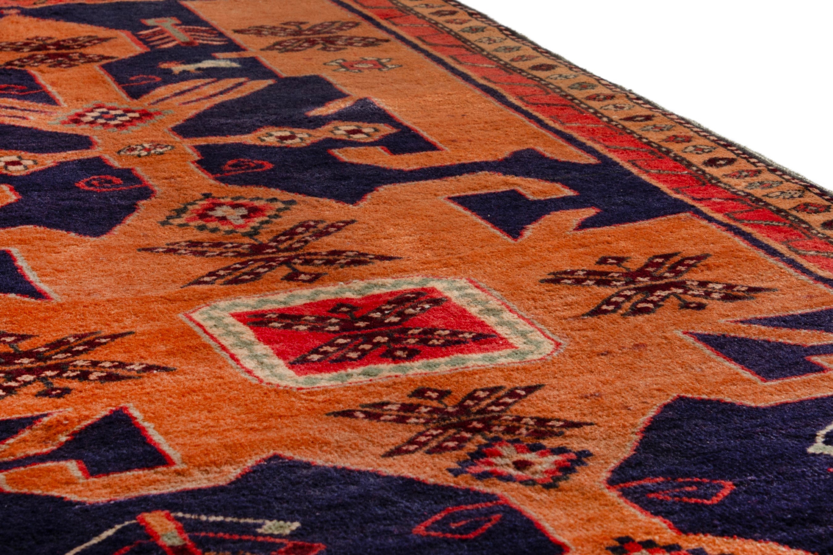 Persian Ardabil runner rug in navy and burnt orange, view 8 of 18