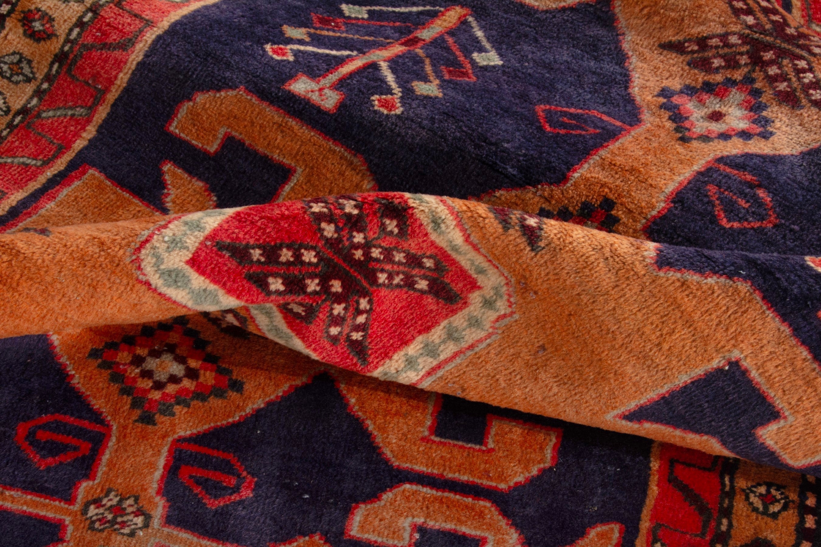 Persian Ardabil runner rug in navy and burnt orange, view 16 of 18
