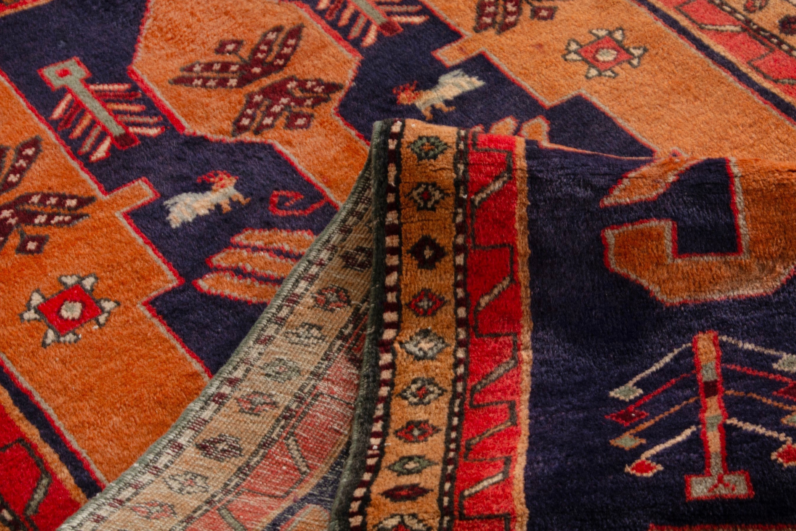 Persian Ardabil runner rug in navy and burnt orange, view 17 of 18