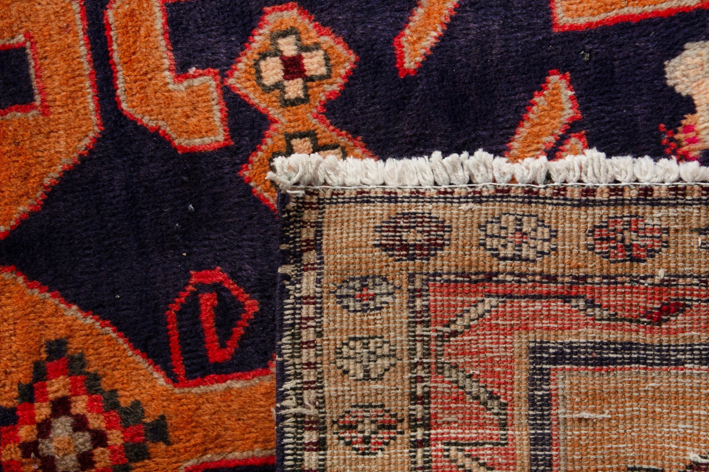 Persian Ardabil runner rug in navy and burnt orange, view 18 of 18