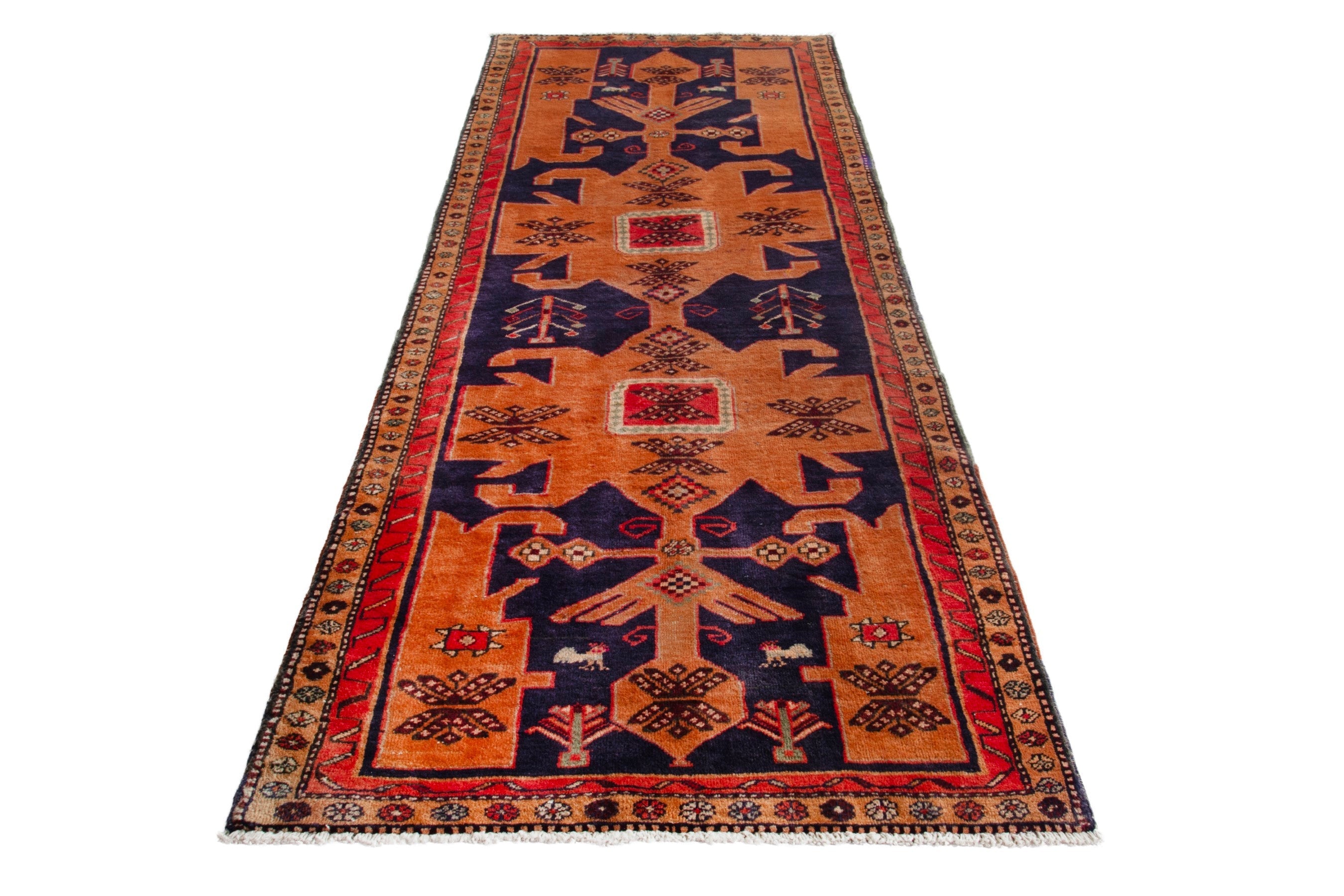 Persian Ardabil runner rug in navy and burnt orange, view 2 of 18