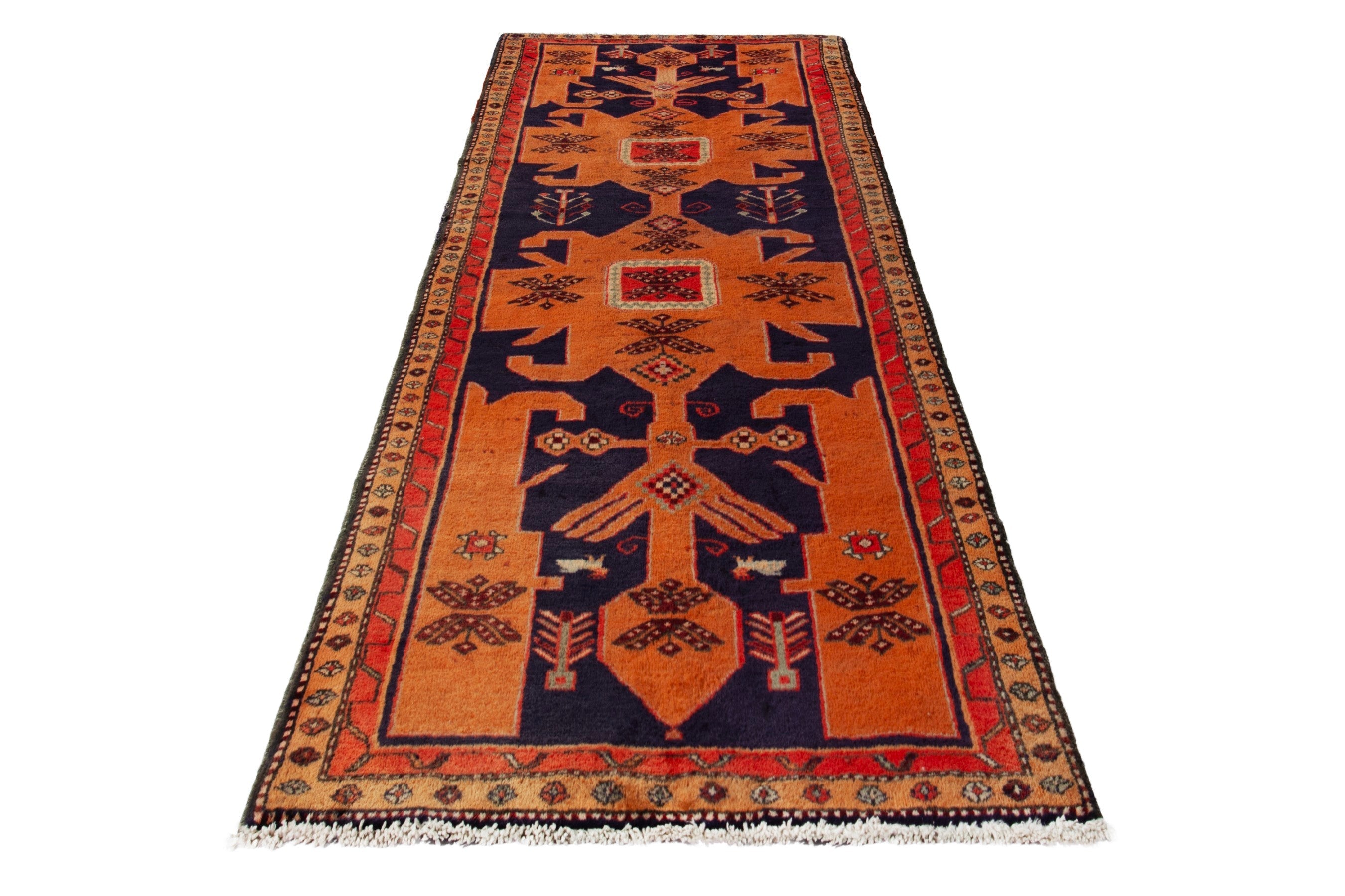 Persian Ardabil runner rug in navy and burnt orange, view 3 of 18