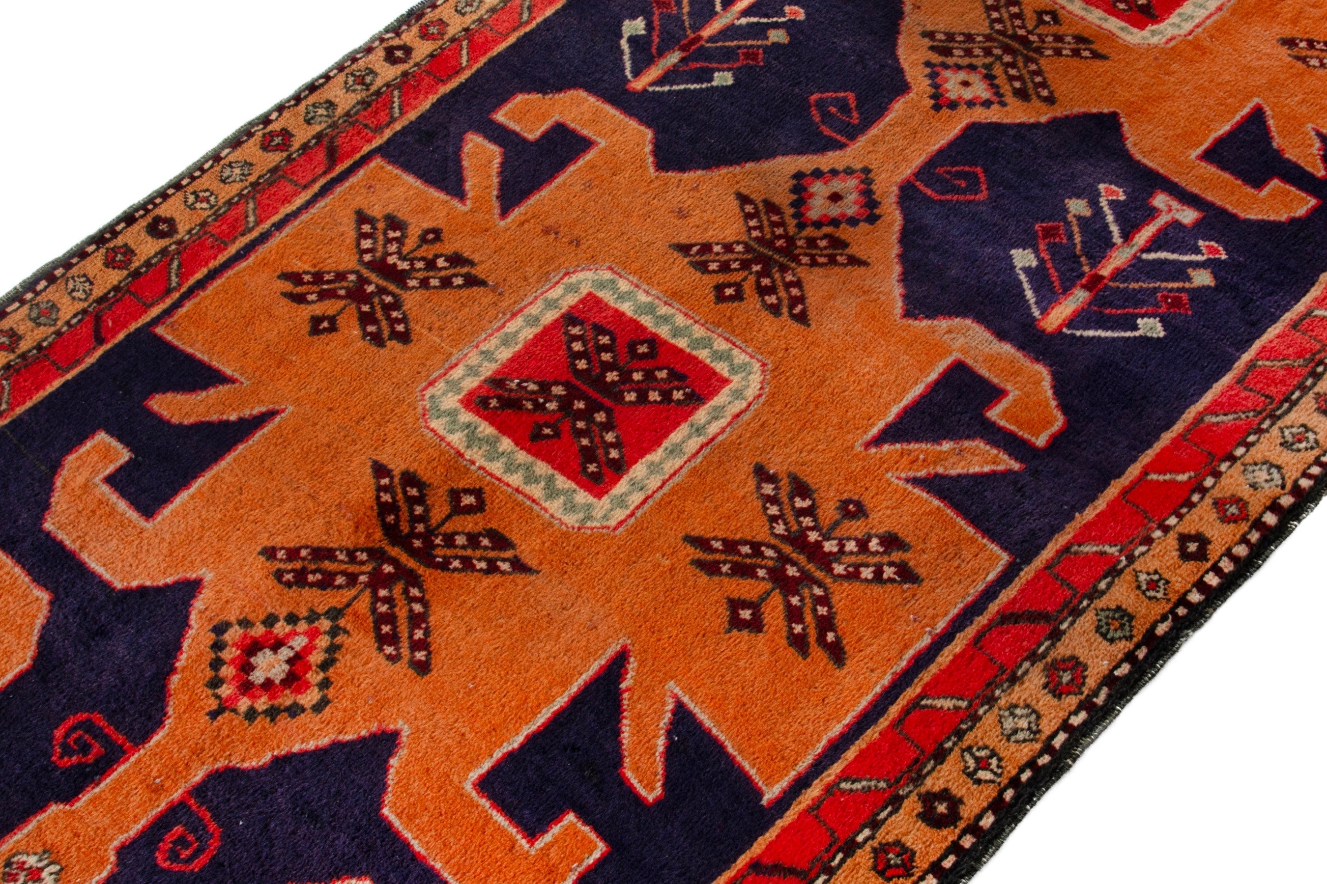 Persian Ardabil runner rug in navy and burnt orange, view 6 of 18