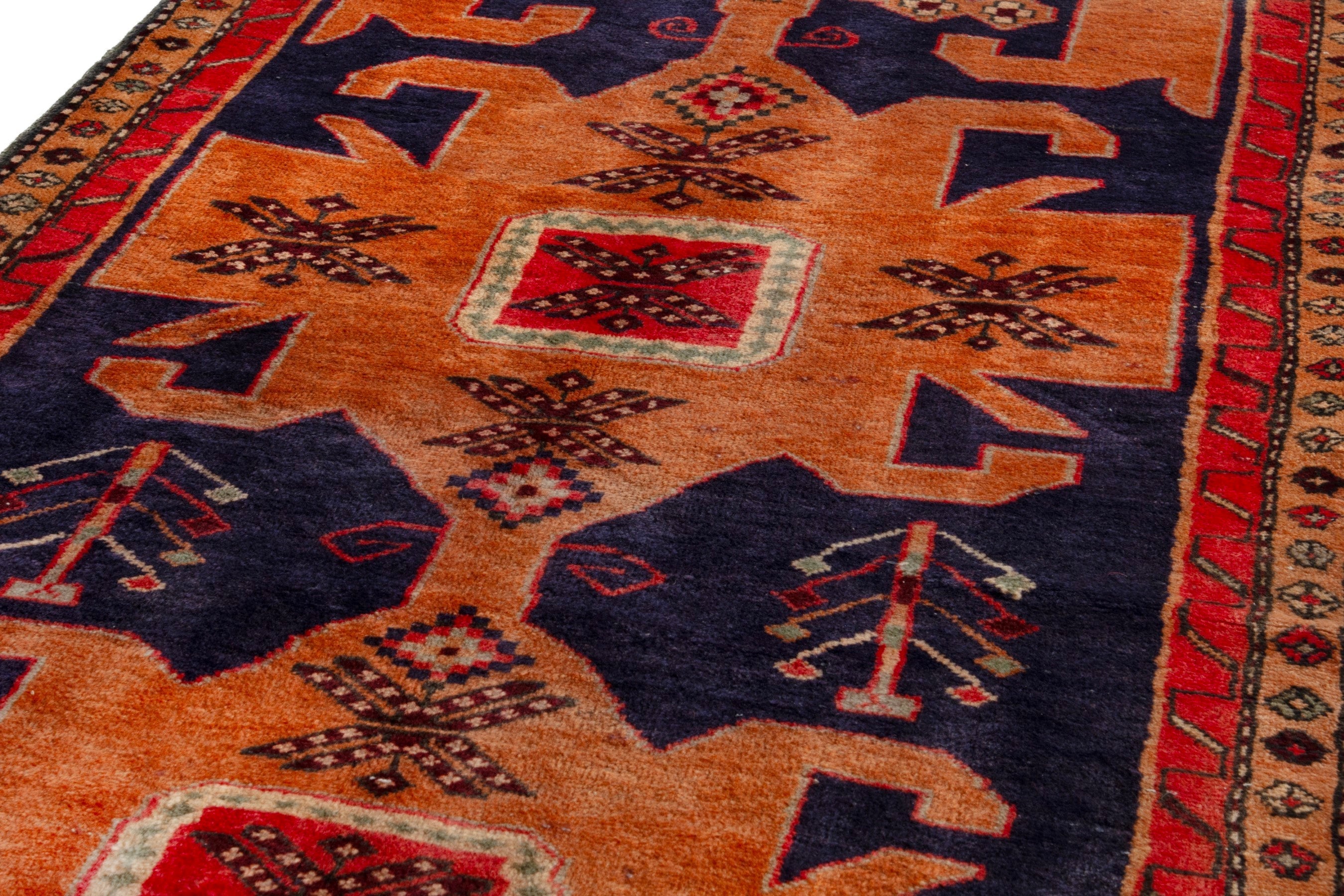 Persian Ardabil runner rug in navy and burnt orange, view 7 of 18