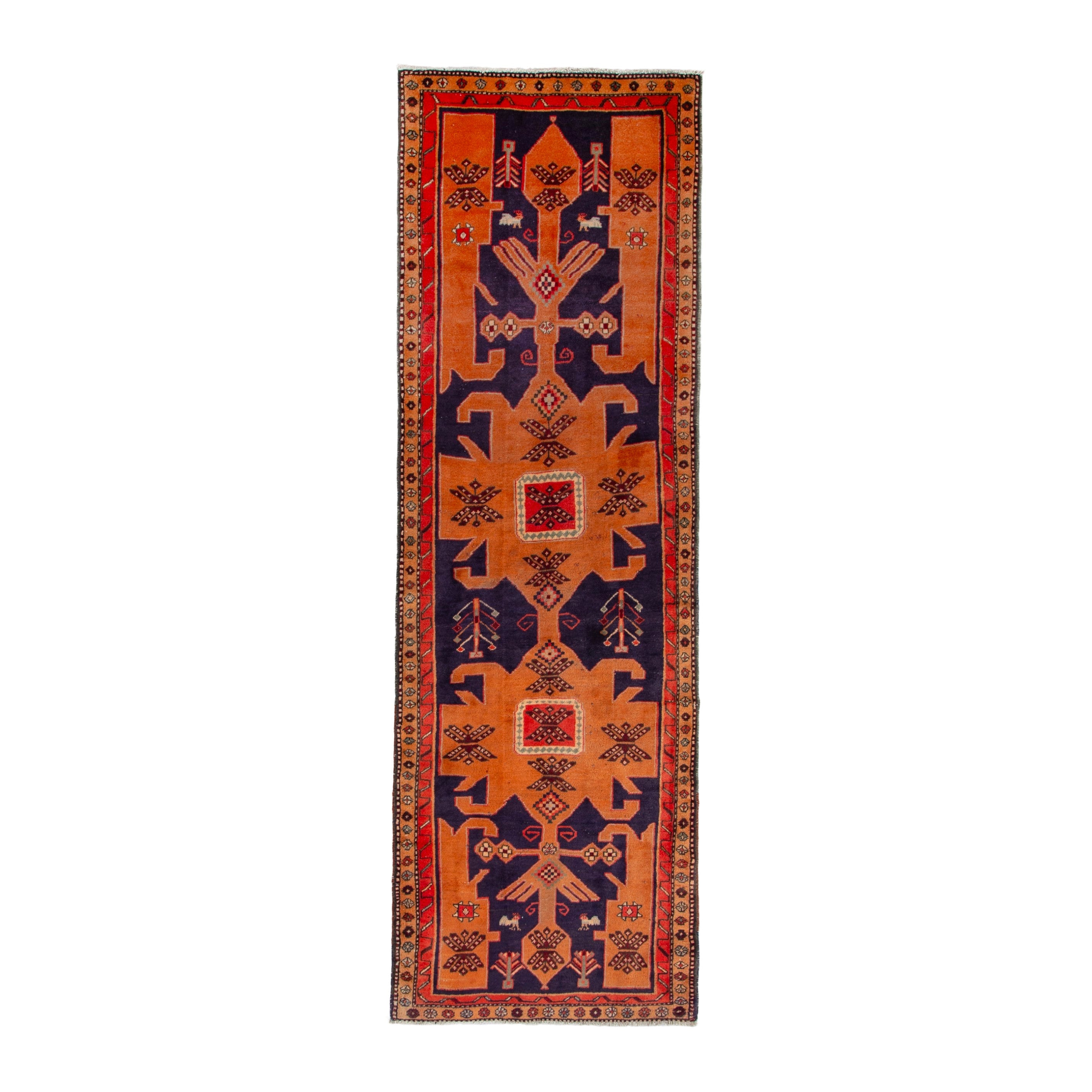 Persian Ardabil runner rug in navy and burnt orange, 3'1" x 10'