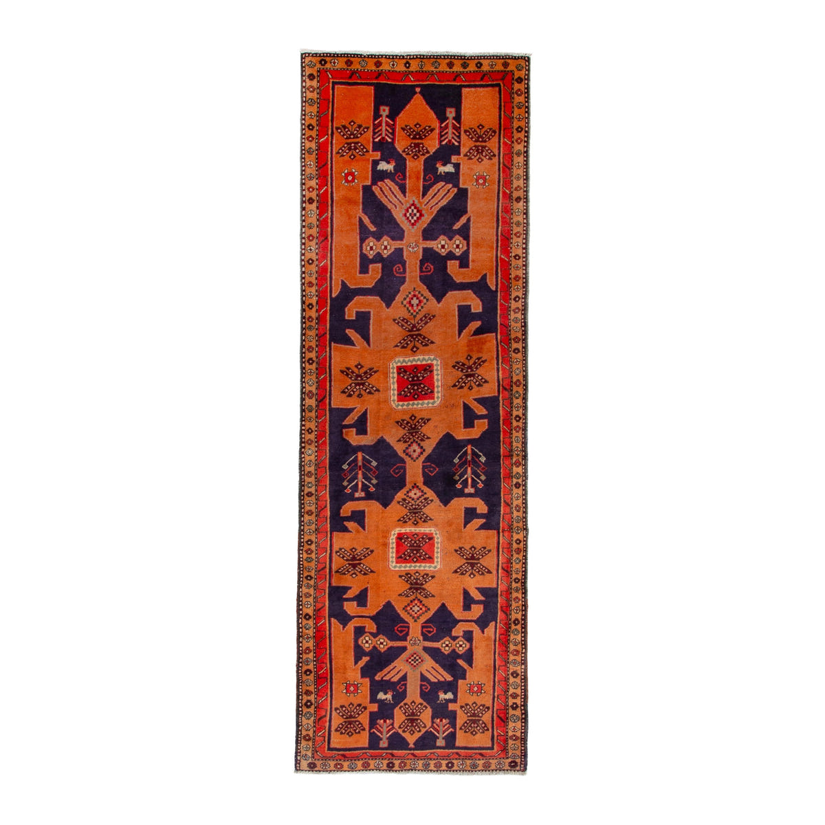Persian Ardabil runner rug in navy and burnt orange, 3'1" x 10'