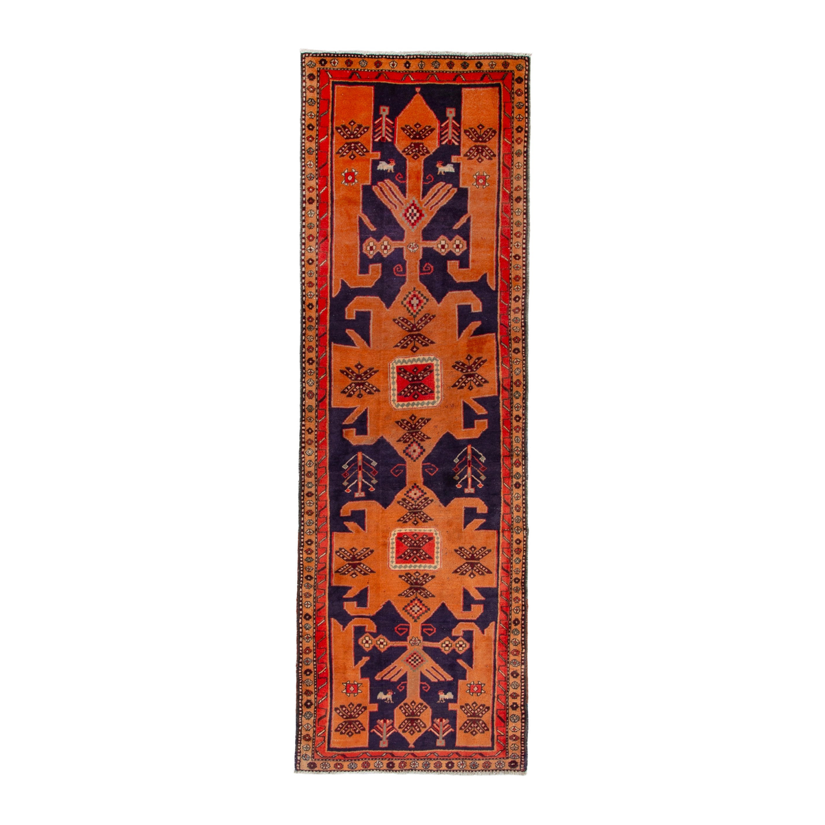 Persian Ardabil runner rug in navy and burnt orange, 3'1" x 10'