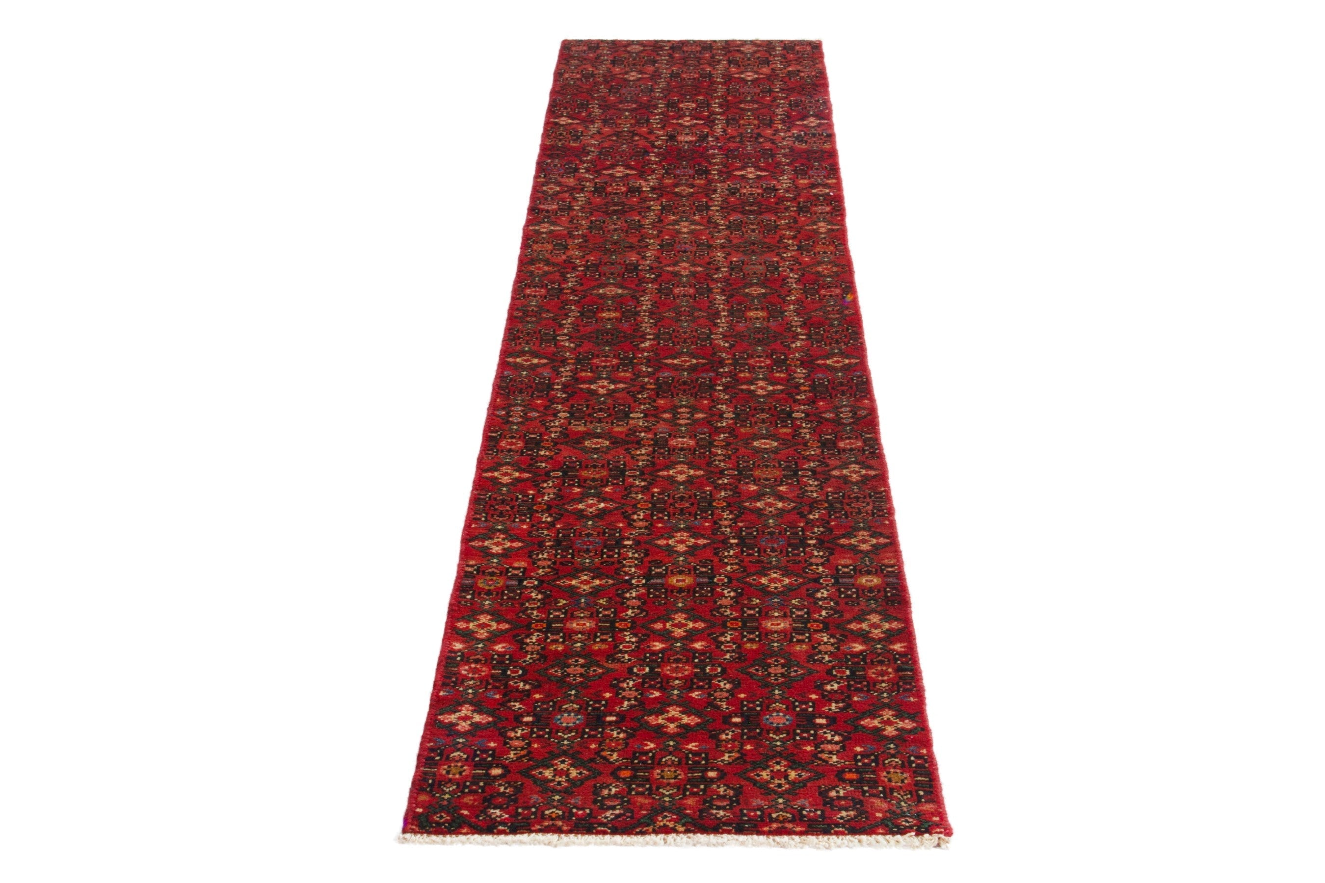 Persian Hosseinabad runner rug in deep red and cream, view 2 of 17