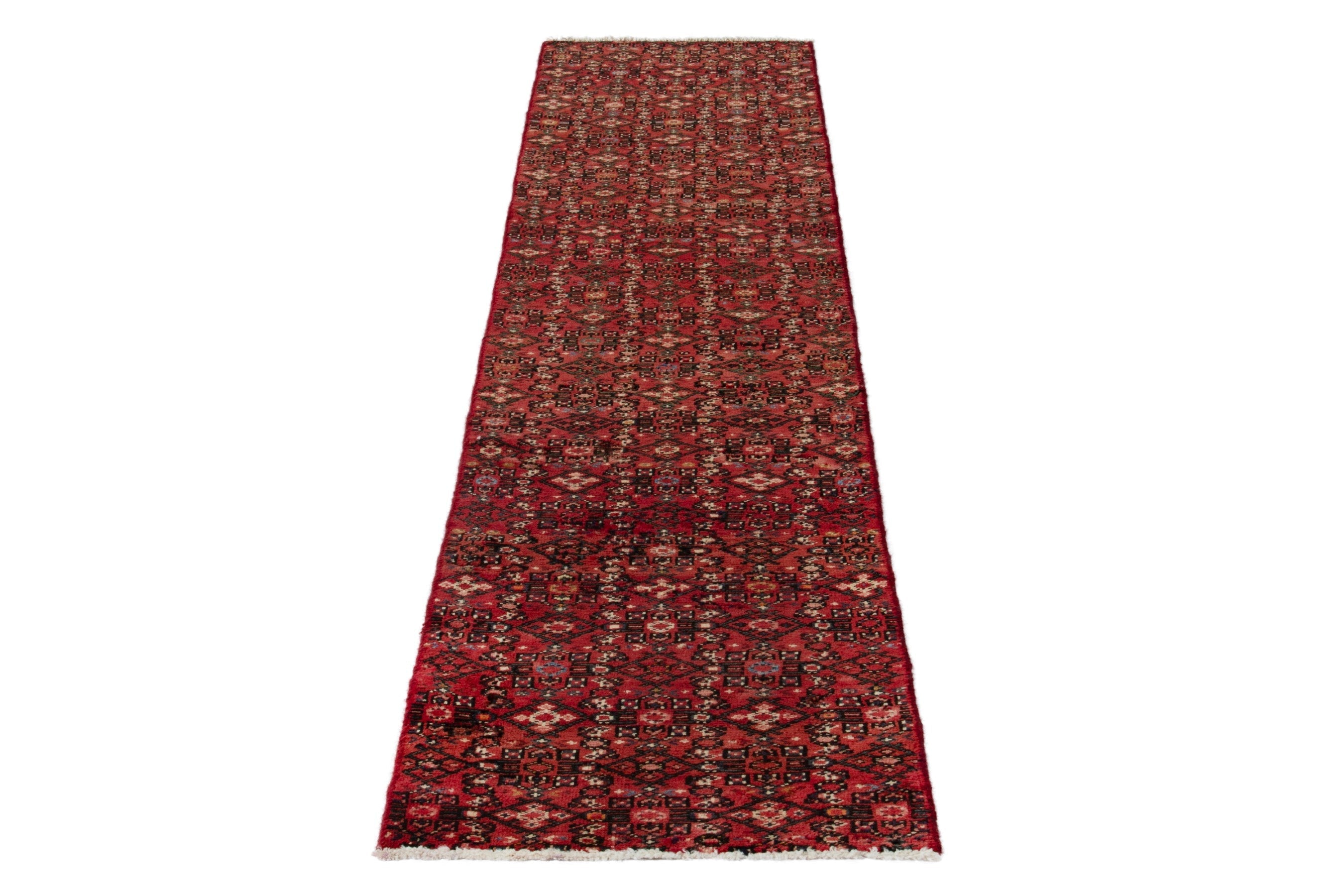 Persian Hosseinabad runner rug in deep red and cream, view 3 of 17