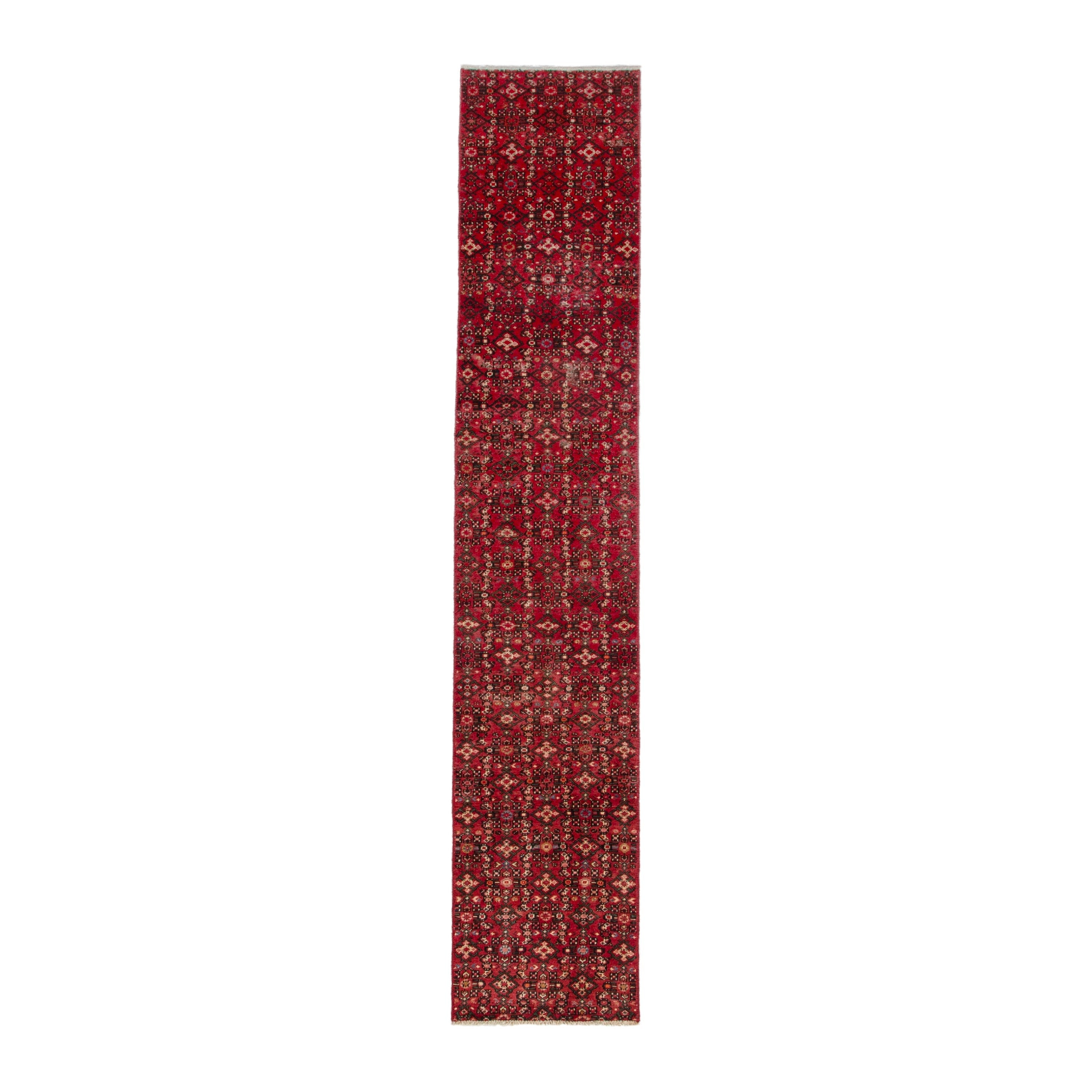 Persian Hosseinabad runner rug in deep red and cream, 1'10" x 9'6"
