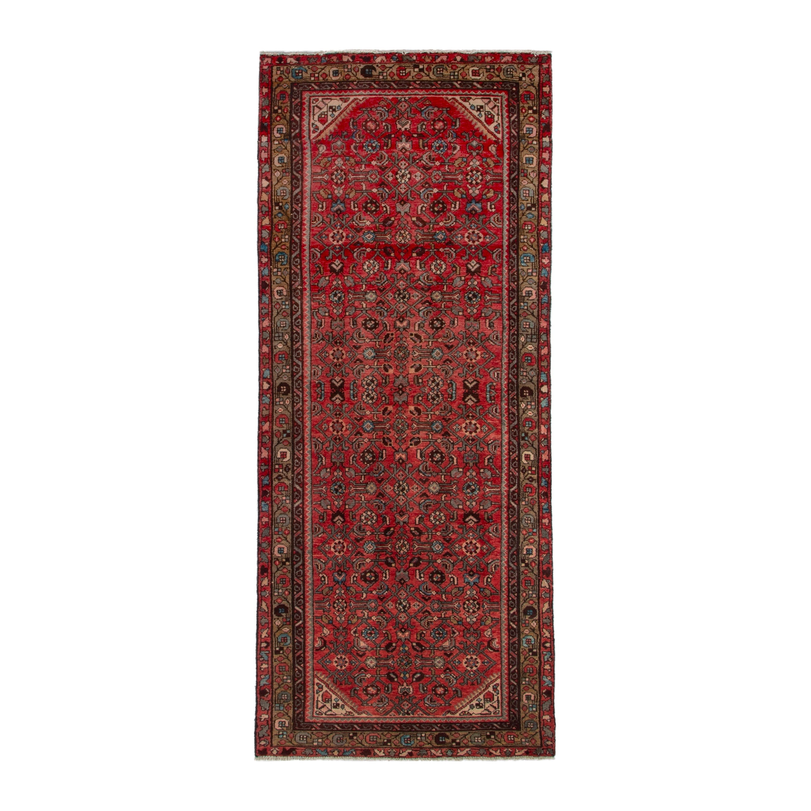 Persian Hosseinabad runner rug in deep red and charcoal, 3'5" x 9'5"