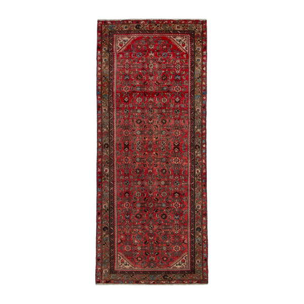 Persian Hossein Abad runner rug in deep red and charcoal, 3'5" x 9'5"