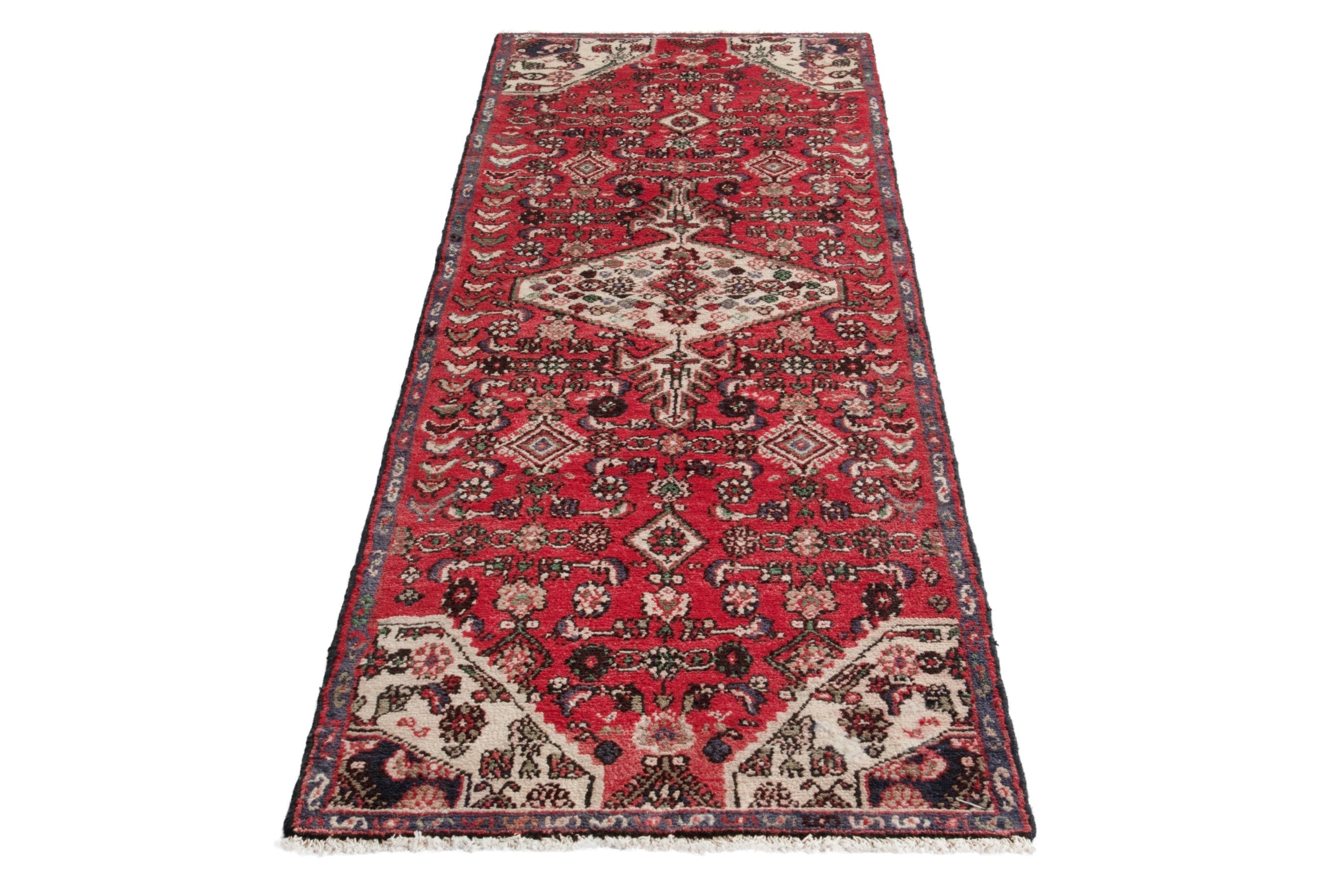 Persian Hamedan runner rug in deep red and cream, view 2 of 18