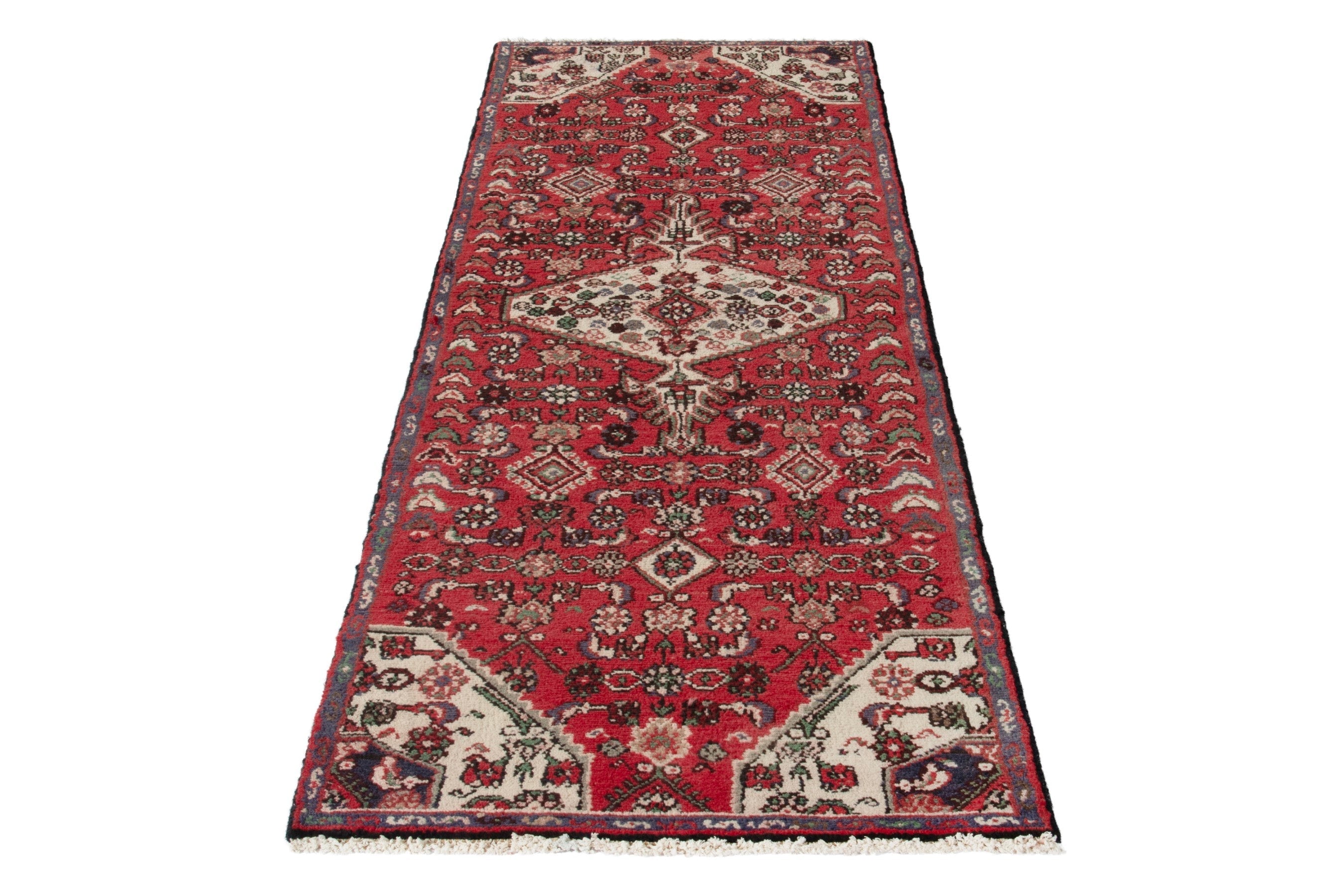 Persian Hamedan runner rug in deep red and cream, view 3 of 18