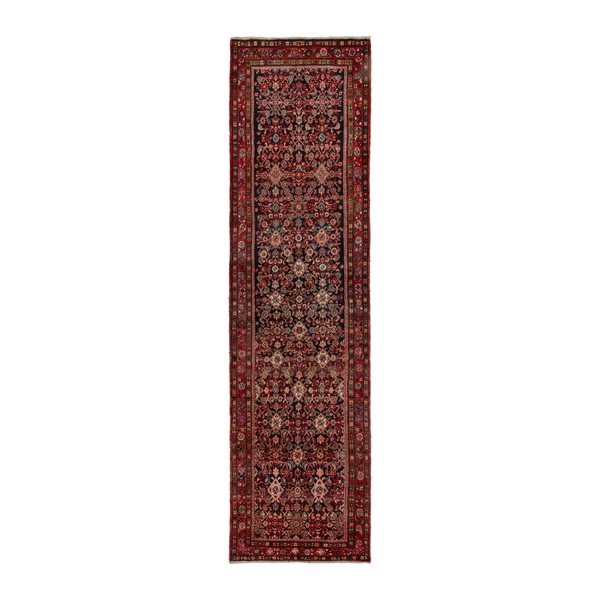 Persian Hamadan runner rug in burgundy and deep red, 3'8" x 14'5"