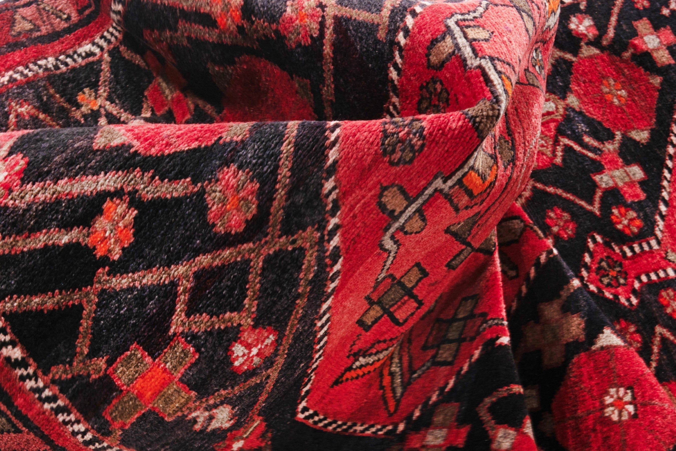 Persian Hamedan runner rug in navy and deep red, view 19 of 20