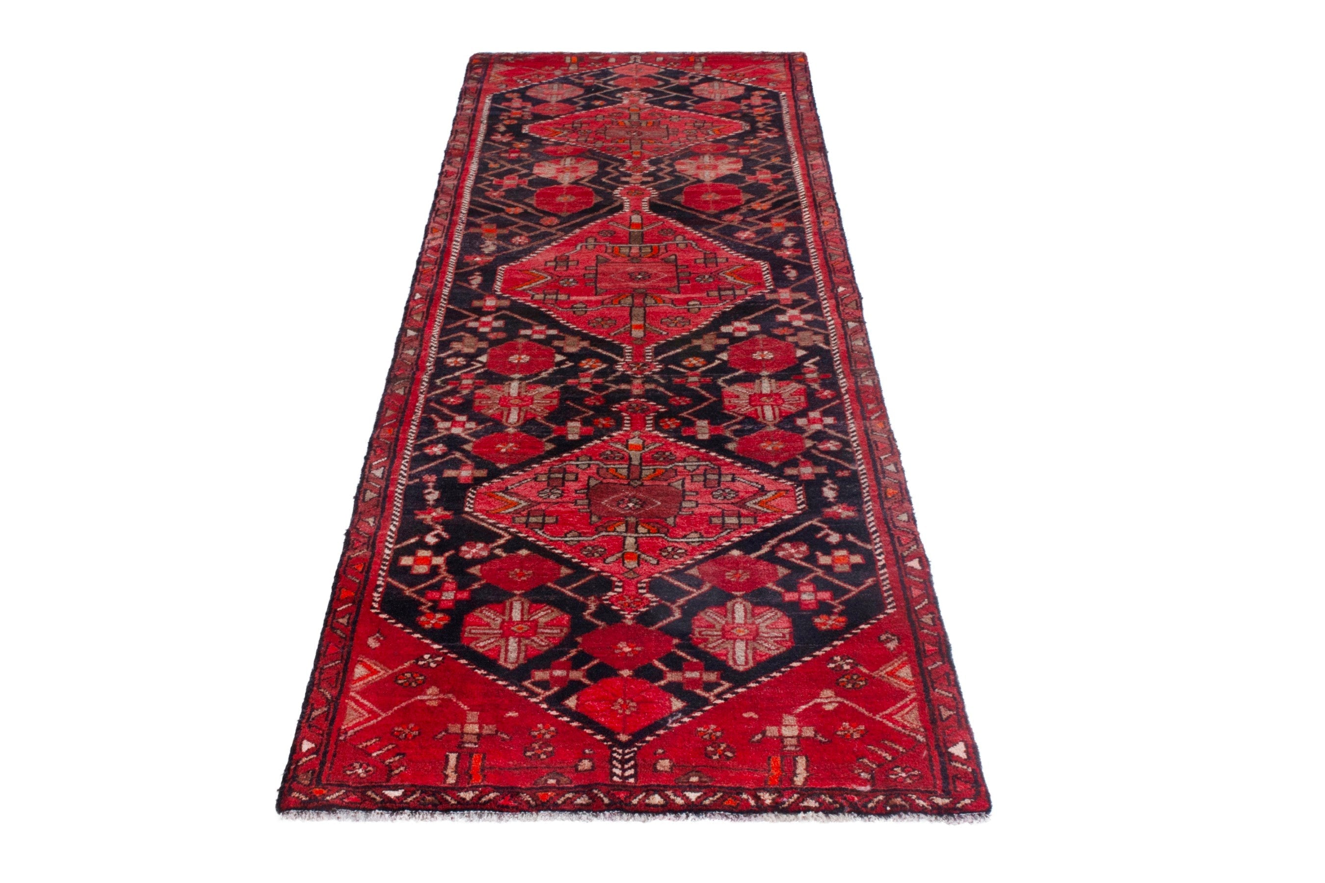 Persian Hamedan runner rug in navy and deep red, view 2 of 20