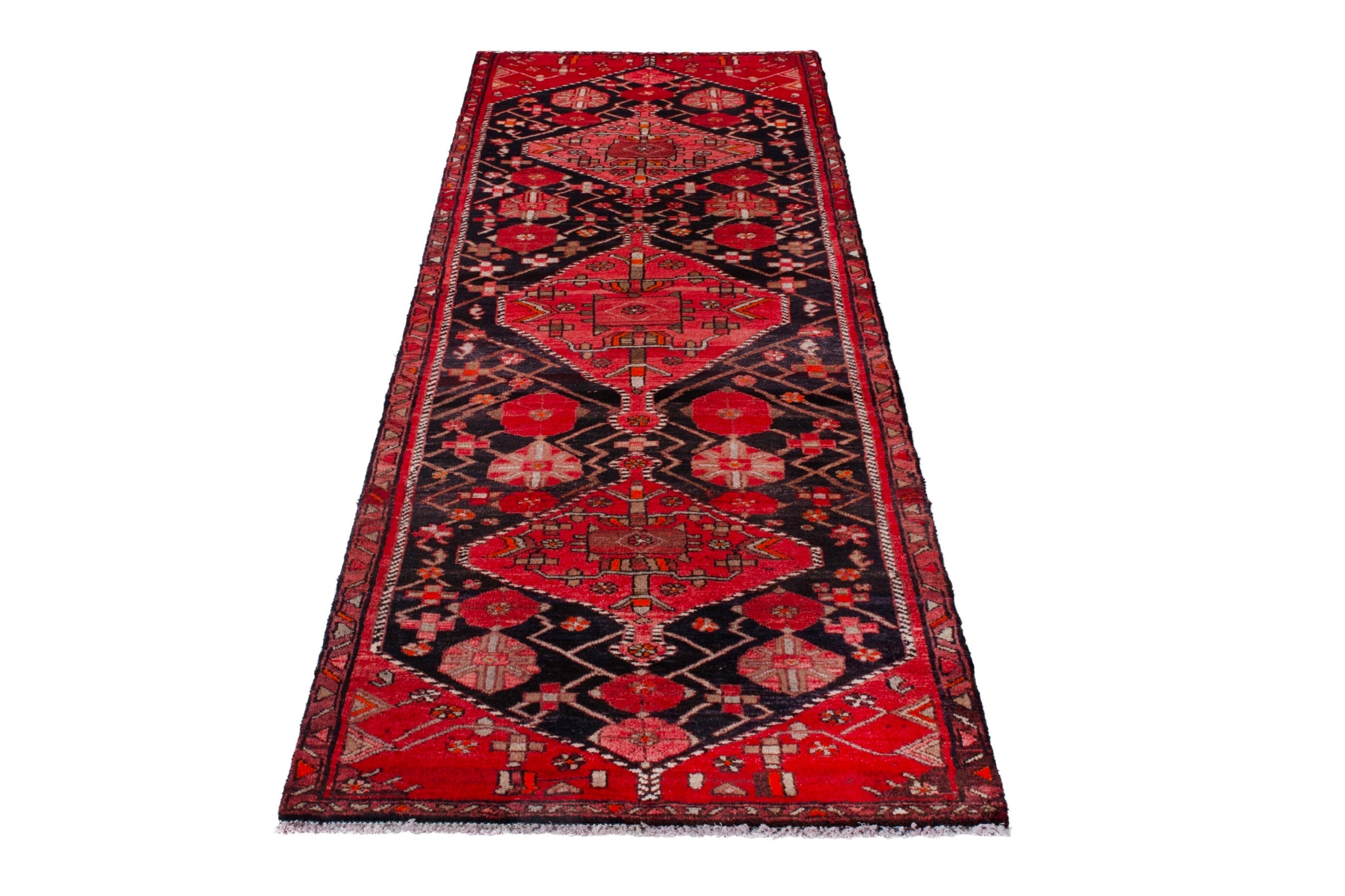 Persian Hamedan runner rug in navy and deep red, view 3 of 20