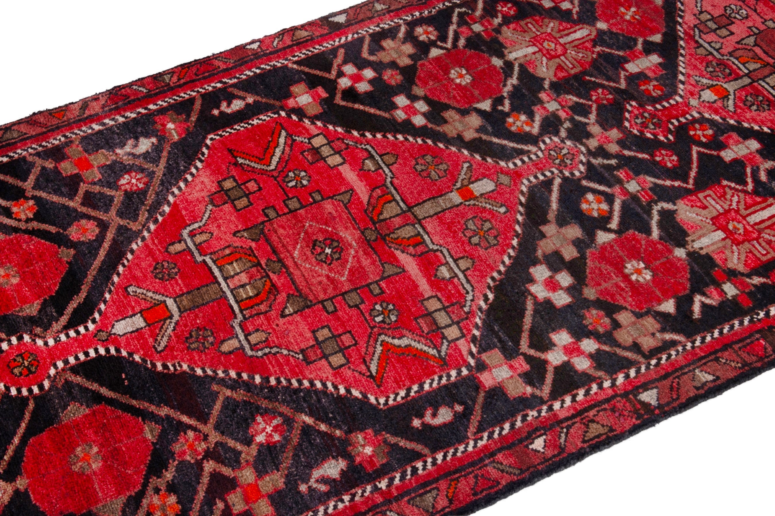 Persian Hamedan runner rug in navy and deep red, view 6 of 20