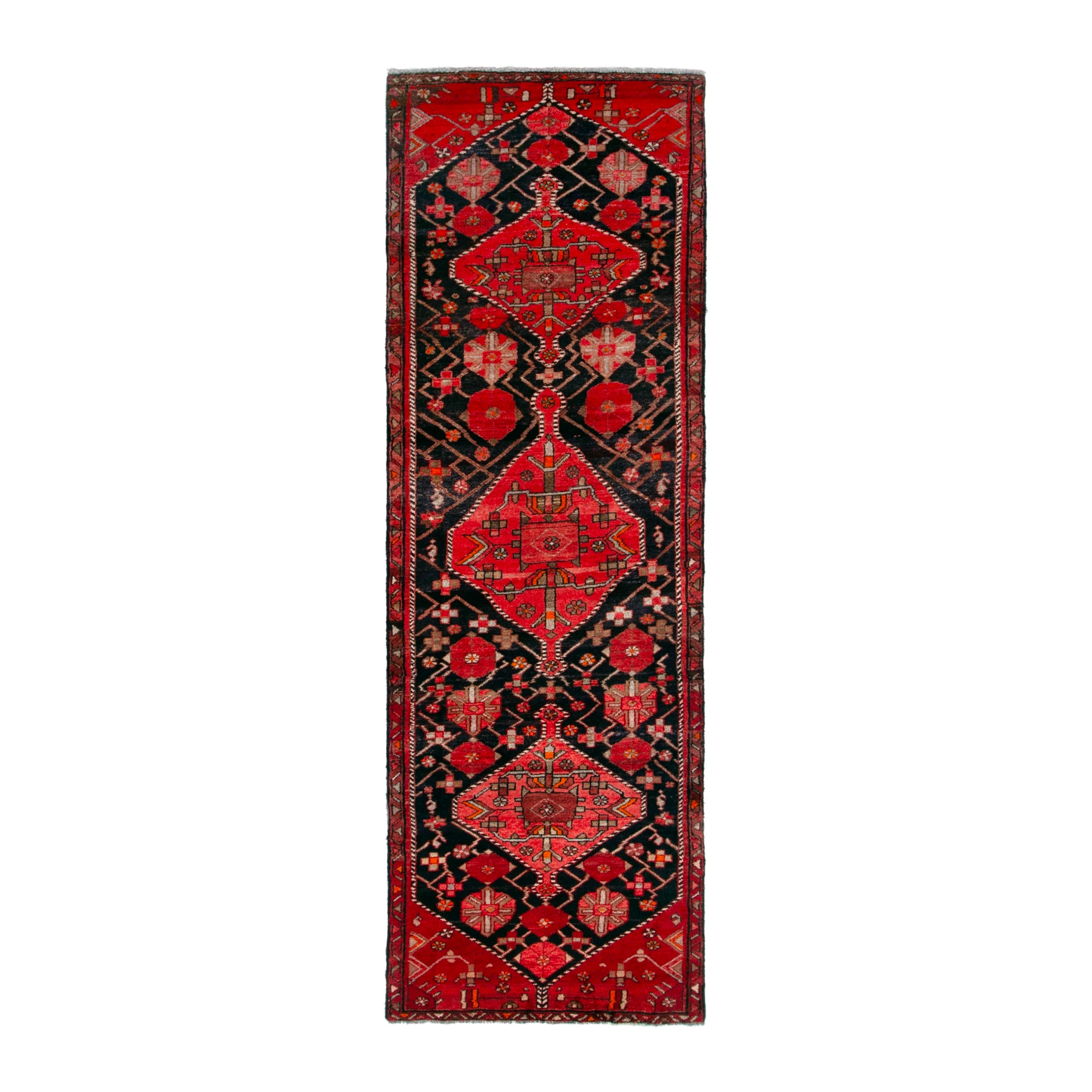 Persian Hamedan runner rug in navy and deep red, 3'2" x 9'10"