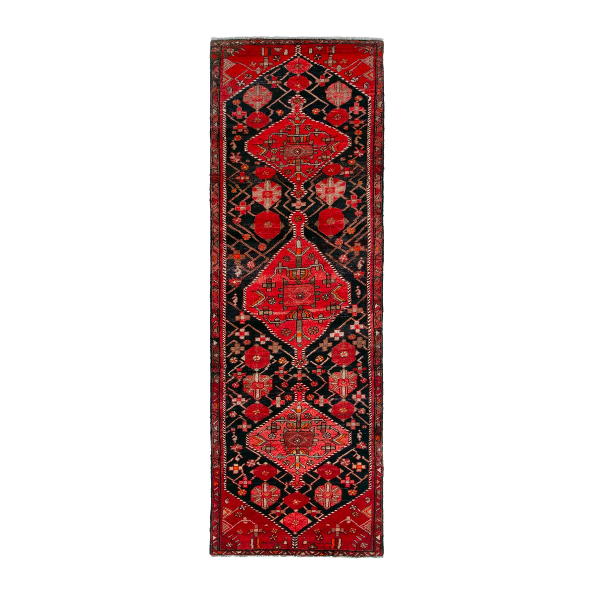 Persian Hamedan runner rug in navy and deep red, 3'2" x 9'10"