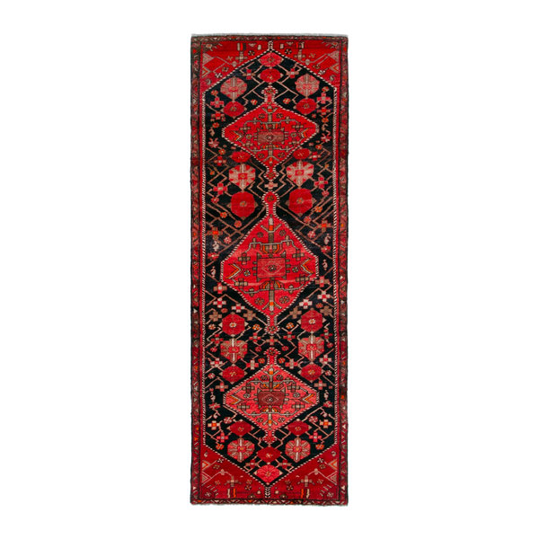 Persian Hamadan runner rug in navy and deep red, 3'2" x 9'10"