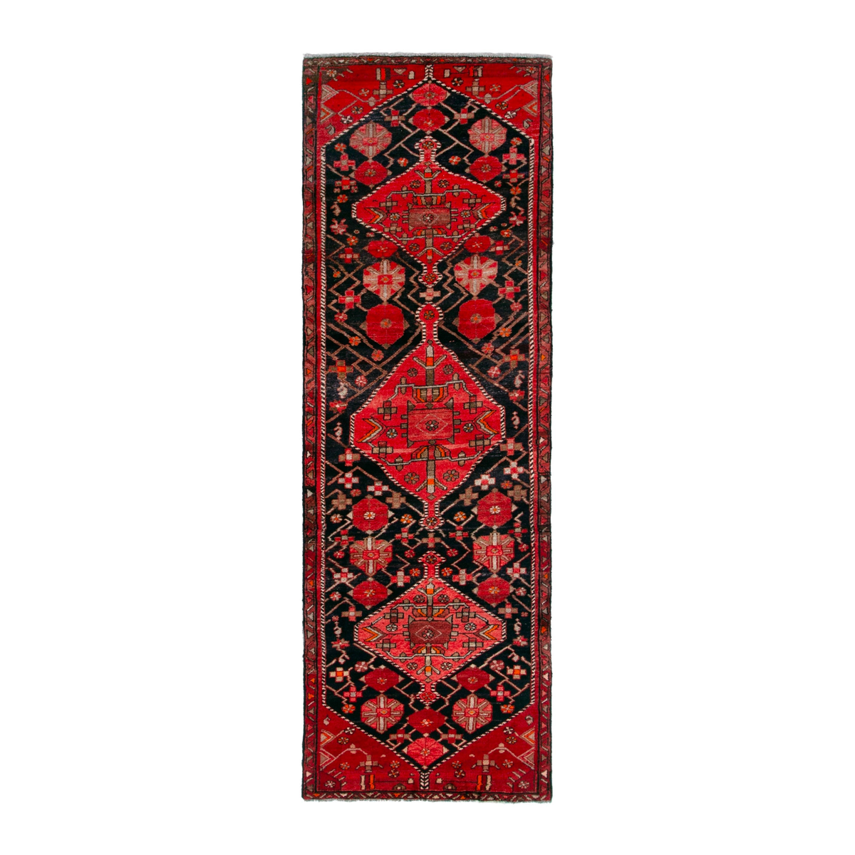 Persian Hamedan runner rug in navy and deep red, 3'2" x 9'10"