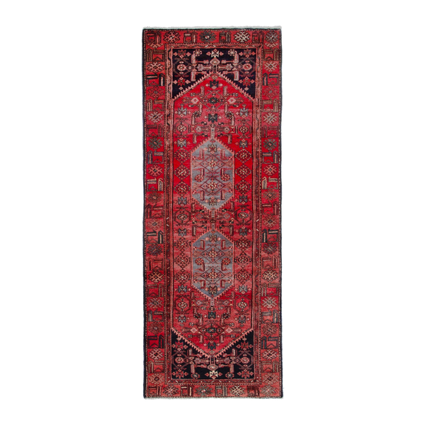 Persian Zanjan runner rug in deep red and burgundy, 3'7" x 9'9"