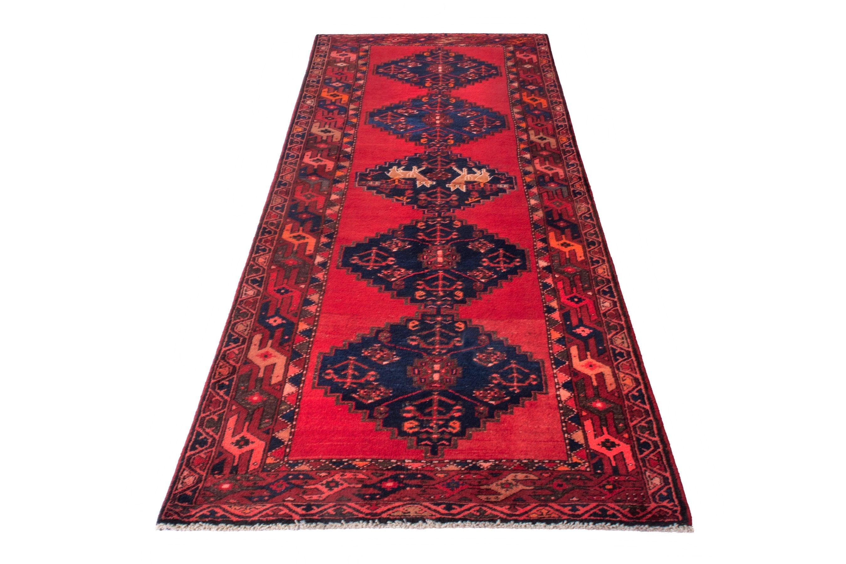 Persian Zanjan runner rug in deep red and deep indigo, view 3 of 22