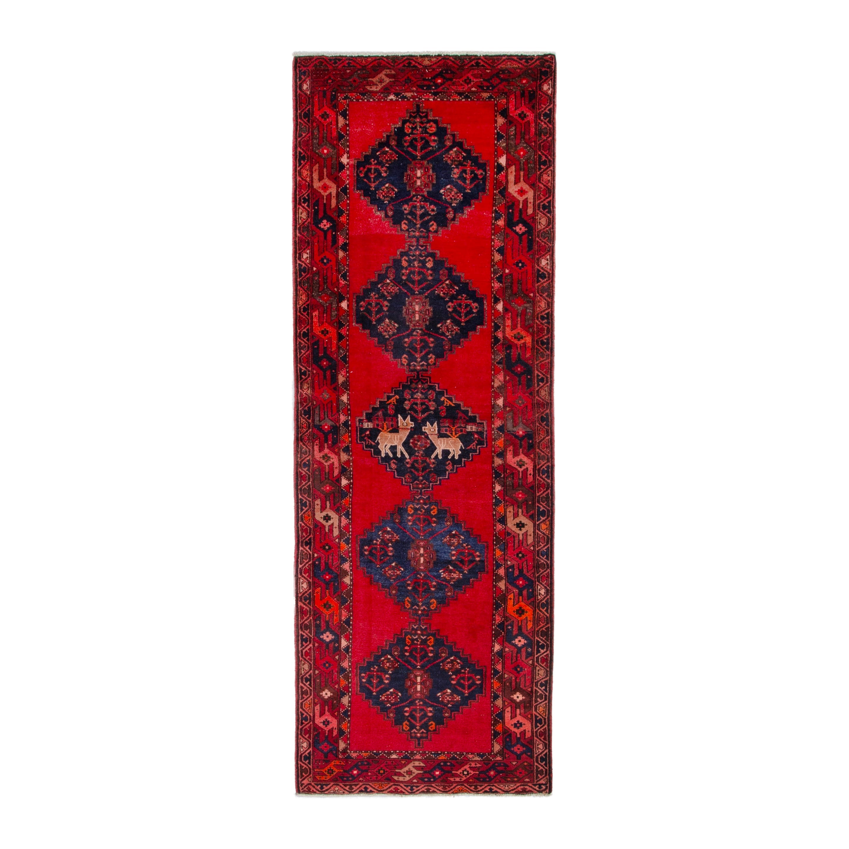 Persian Zanjan runner rug in deep red and deep indigo, 3'9" x 10'2"
