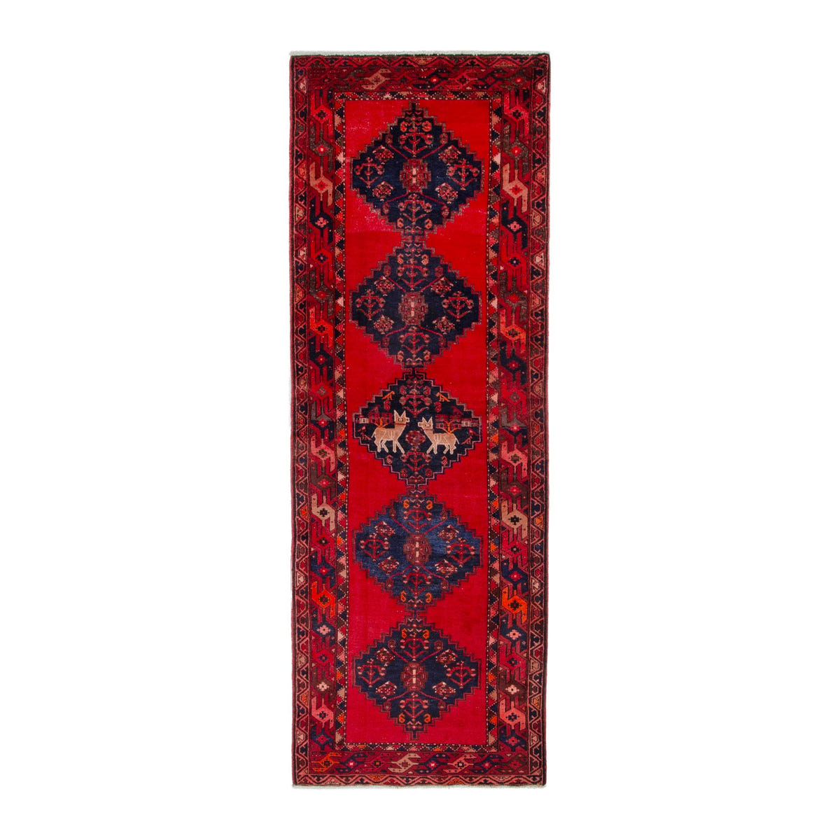 Persian Zanjan runner rug in deep red and deep indigo, 3'9" x 10'2"