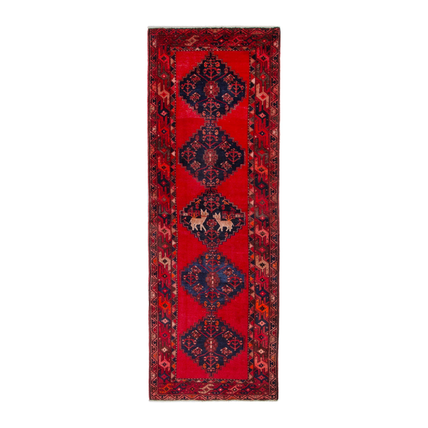 Persian Zanjan runner rug in deep red and deep indigo, 3'9" x 10'2"