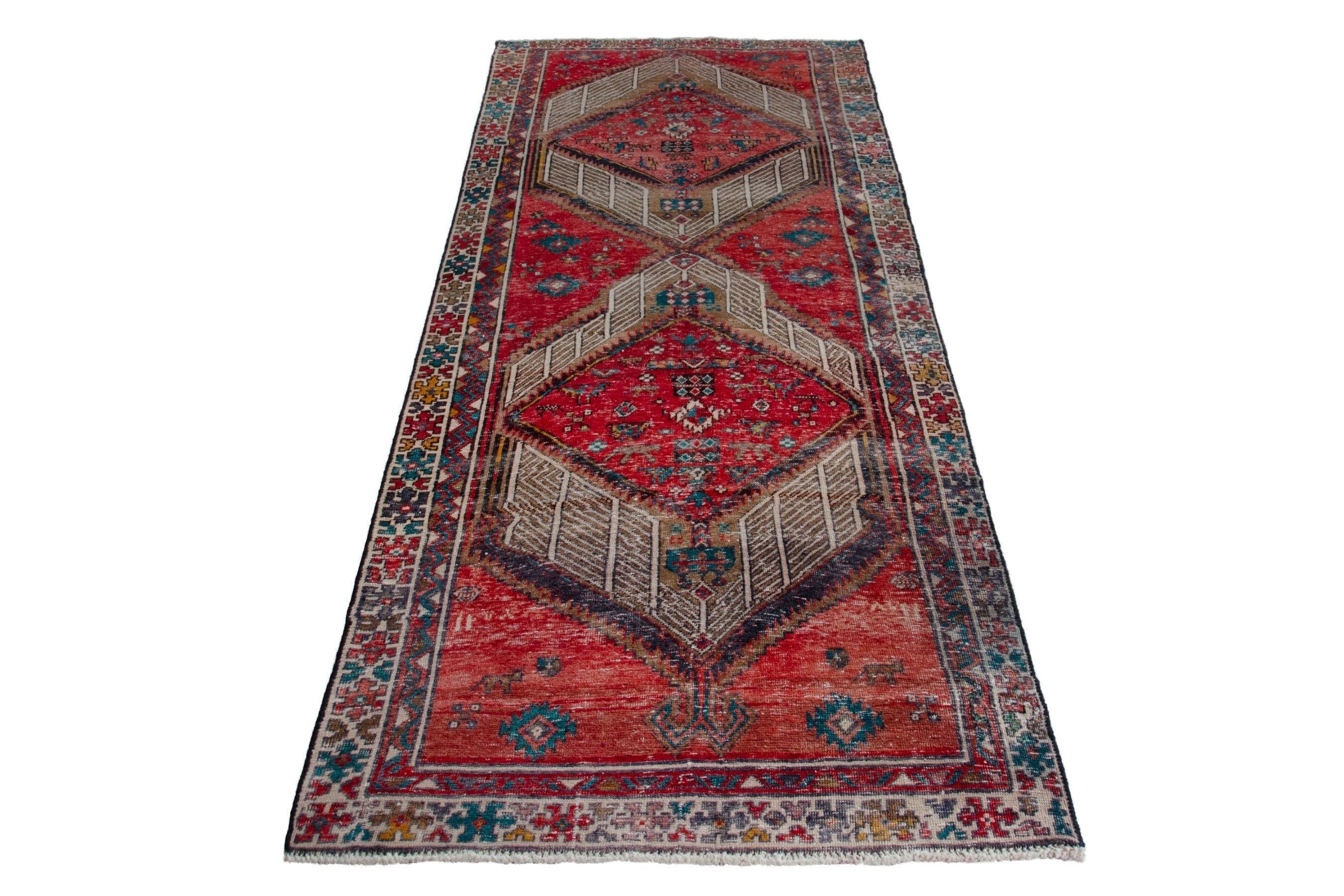 Persian Ardabil runner rug in deep red and greige, view 2 of 19