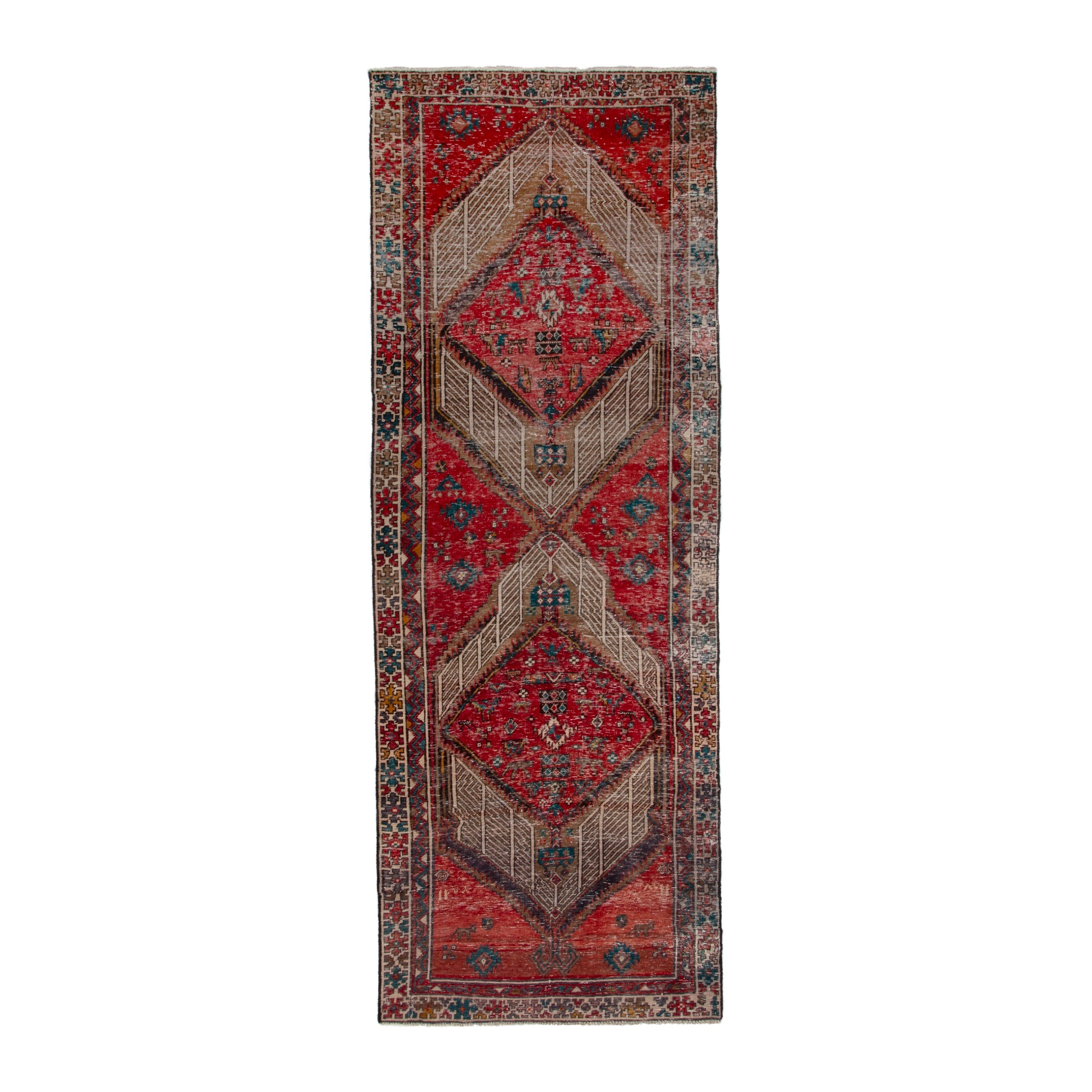 Persian Ardabil runner rug in deep red and greige, 3'6" x 9'9"