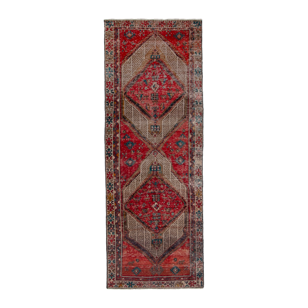 Persian Ardabil runner rug in deep red and greige, 3'6" x 9'9"
