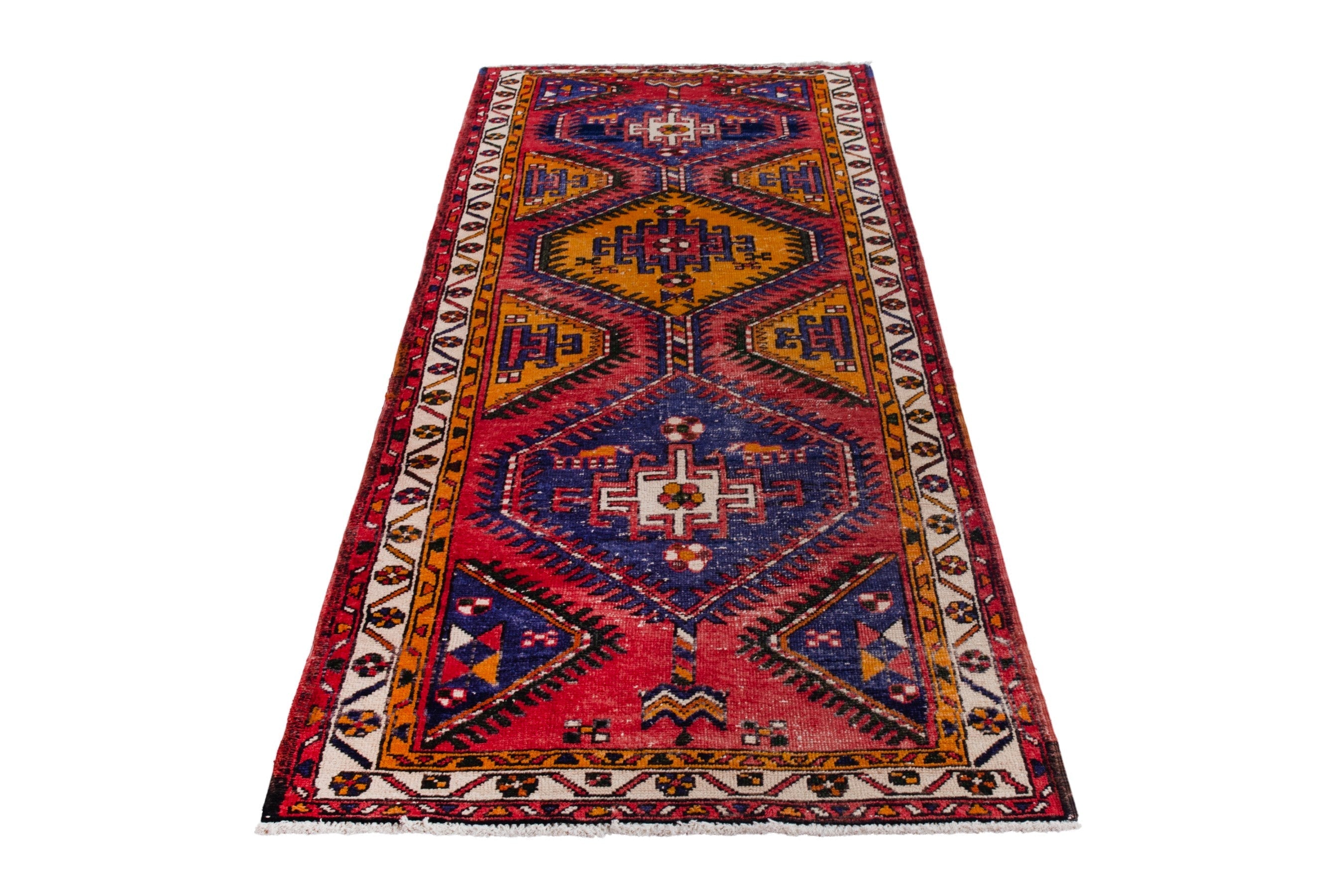 Persian Azerbaijan runner rug in deep red and denim, view 2 of 21