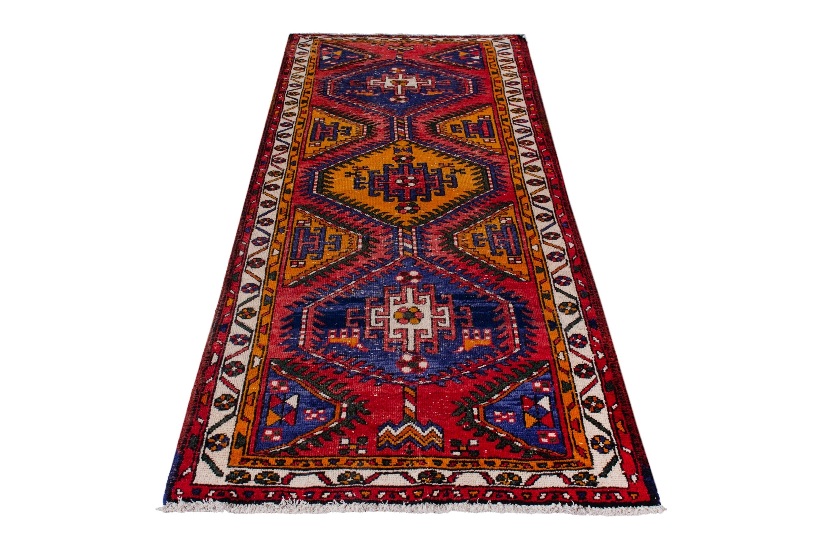 Persian Azerbaijan runner rug in deep red and denim, view 3 of 21