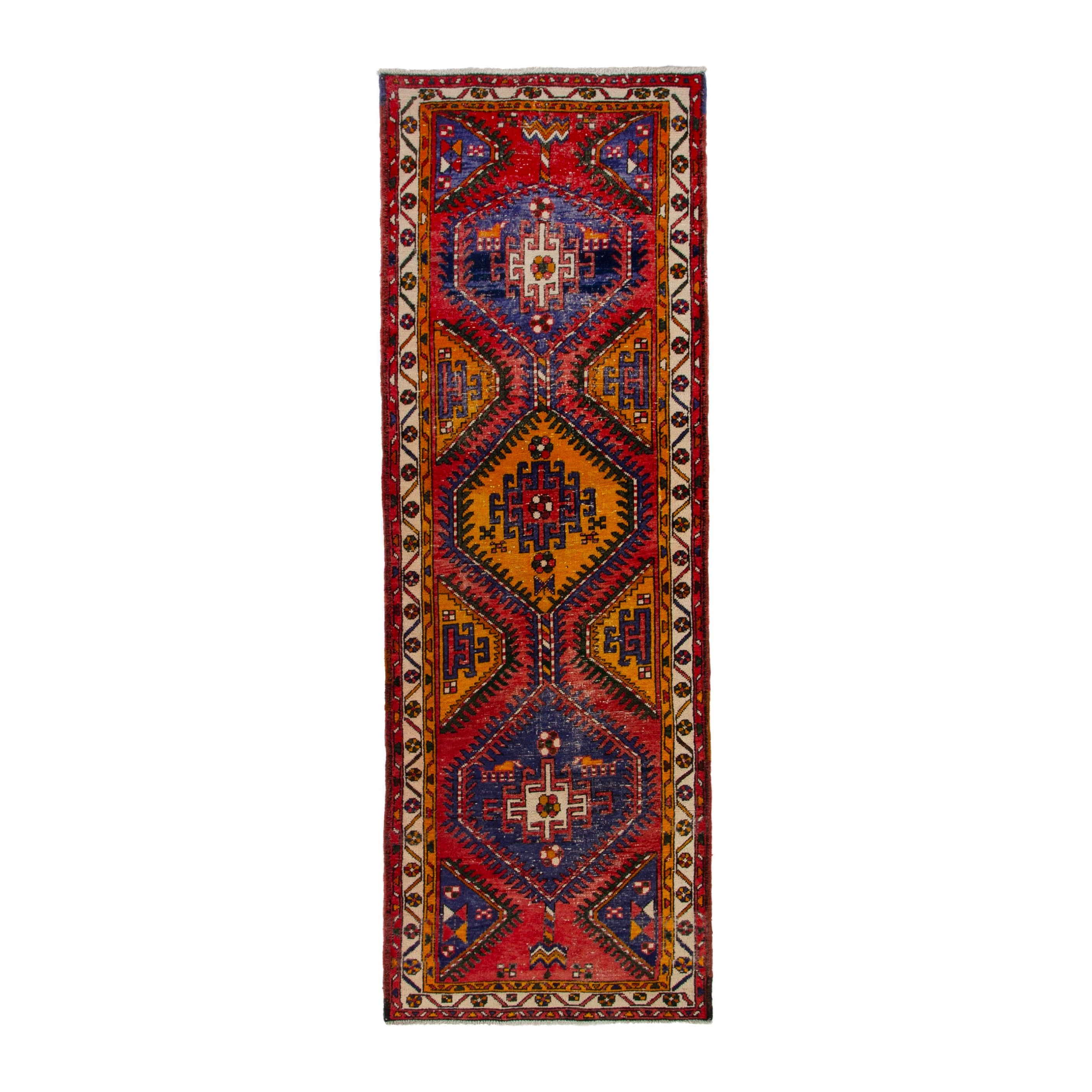 Persian Azerbaijan runner rug in deep red and denim, 3'5" x 10'8"