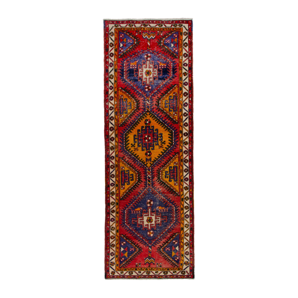 Persian Azerbaijan runner rug in deep red and denim, 3'5" x 10'8"