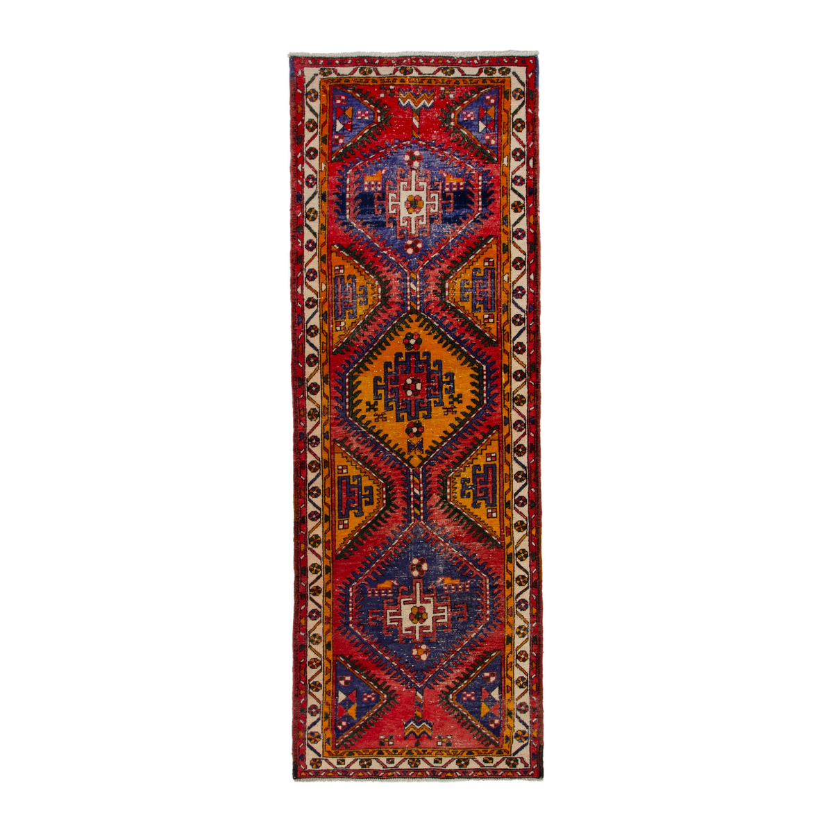 Persian Azerbaijan runner rug in deep red and denim, 3'5" x 10'8"