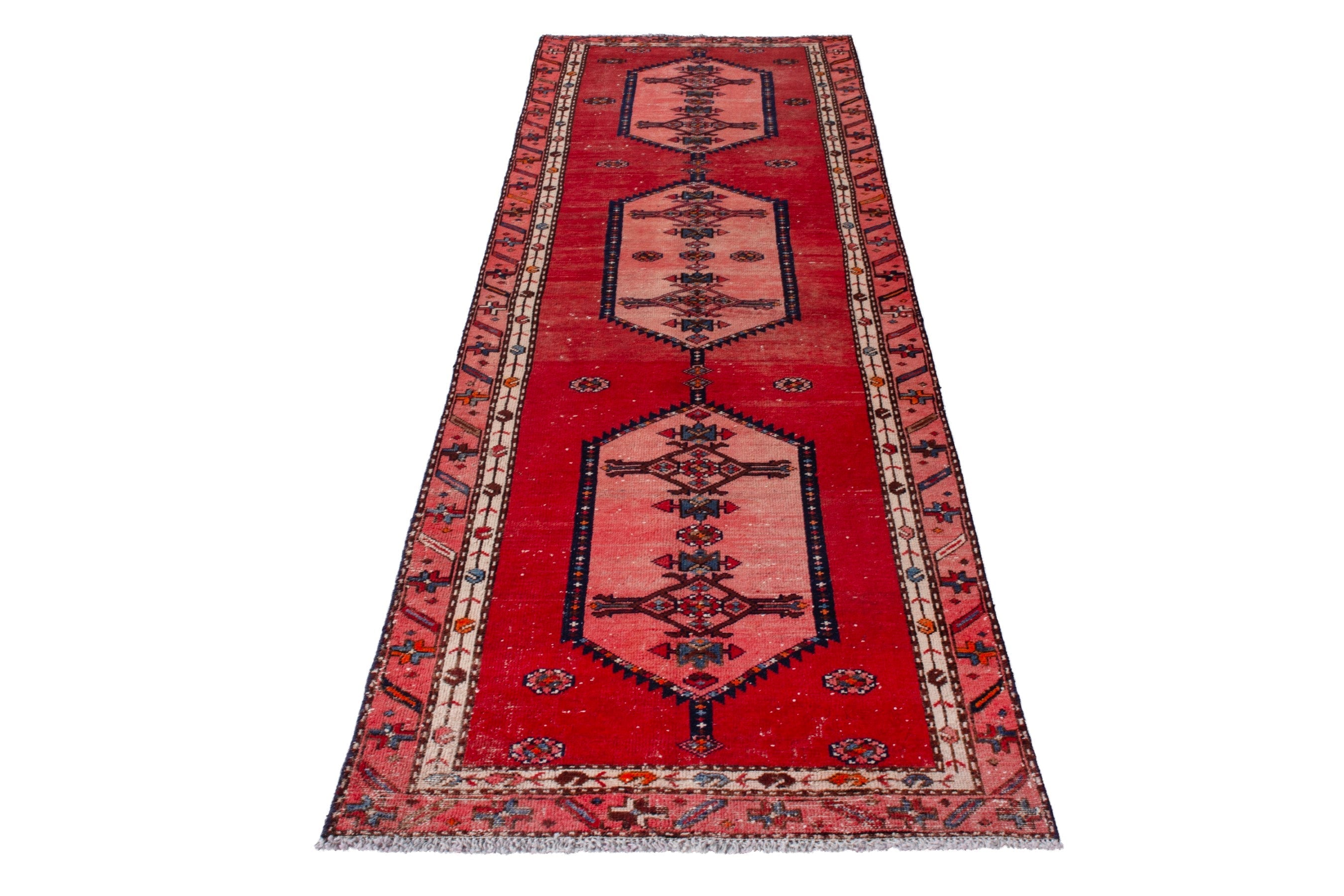 Persian Hamedan runner rug in deep red and muted pink, view 3 of 21