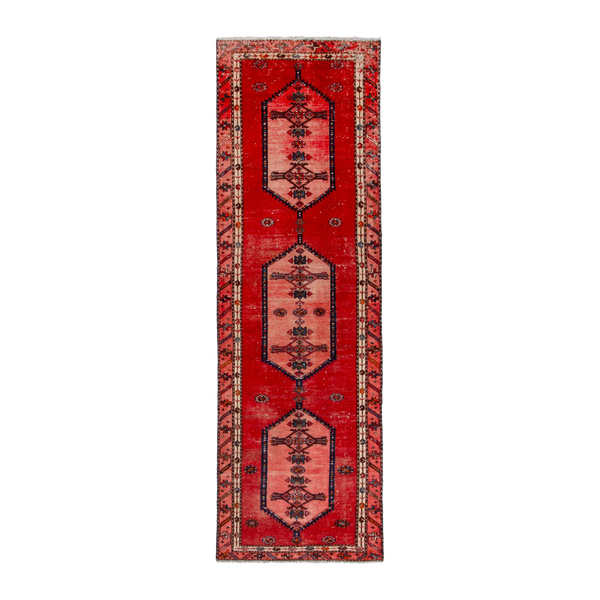 Persian Hamedan runner rug in deep red and muted pink, 3' x 10'1"