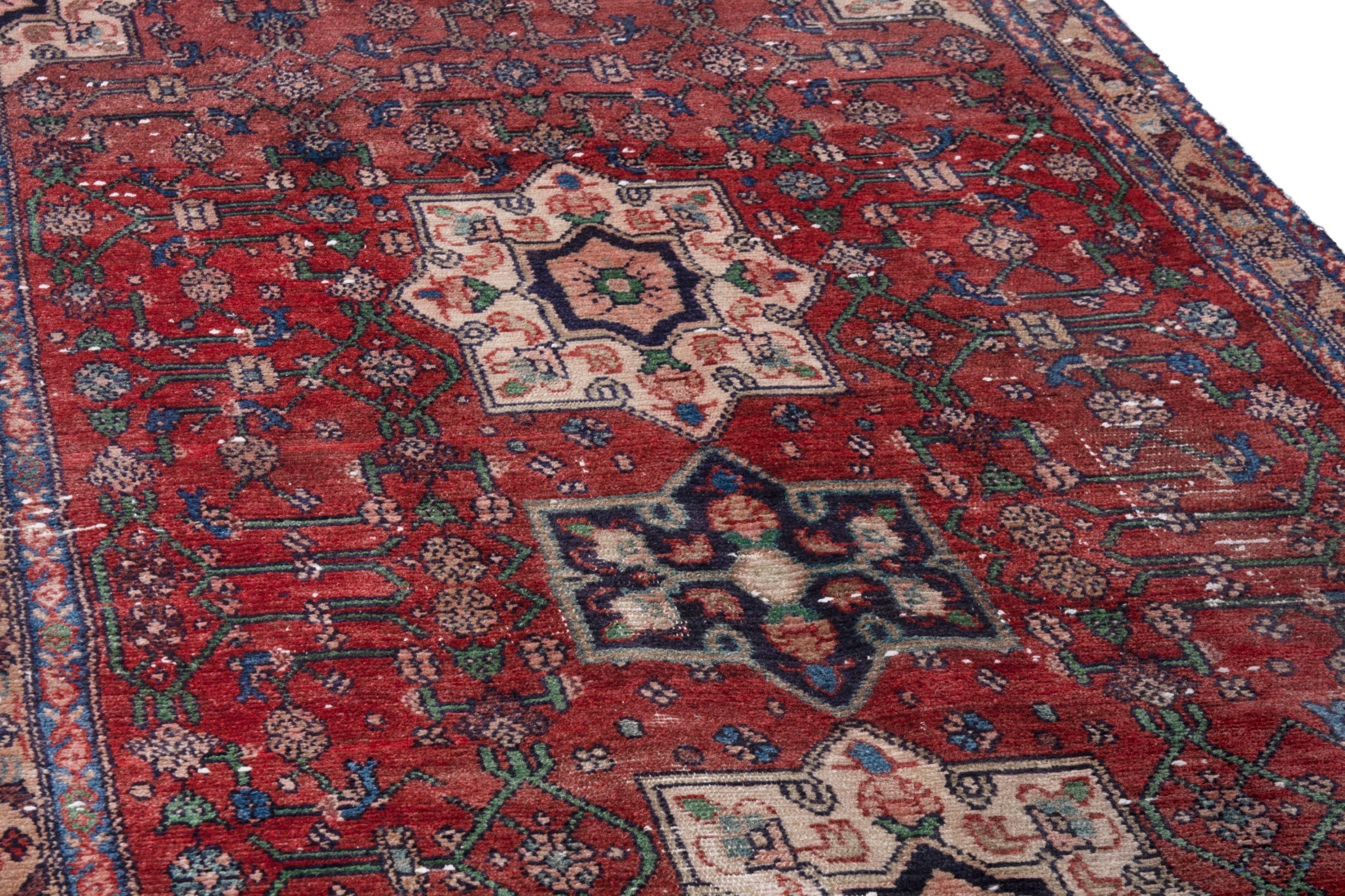 Persian Hamedan runner rug in deep red and off-white, view 8 of 20