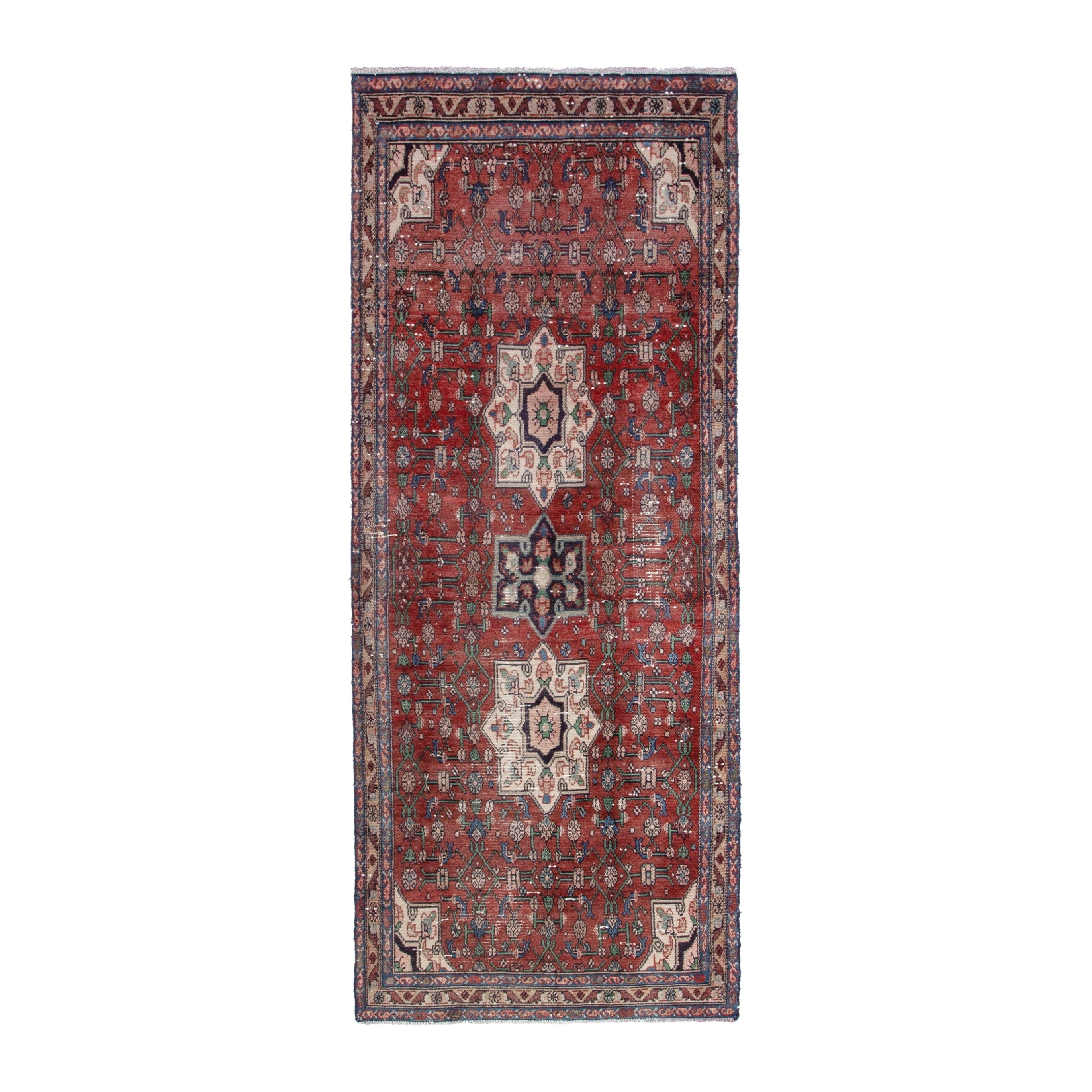 Persian Hamedan runner rug in deep red and off-white, 3'5" x 8'8"