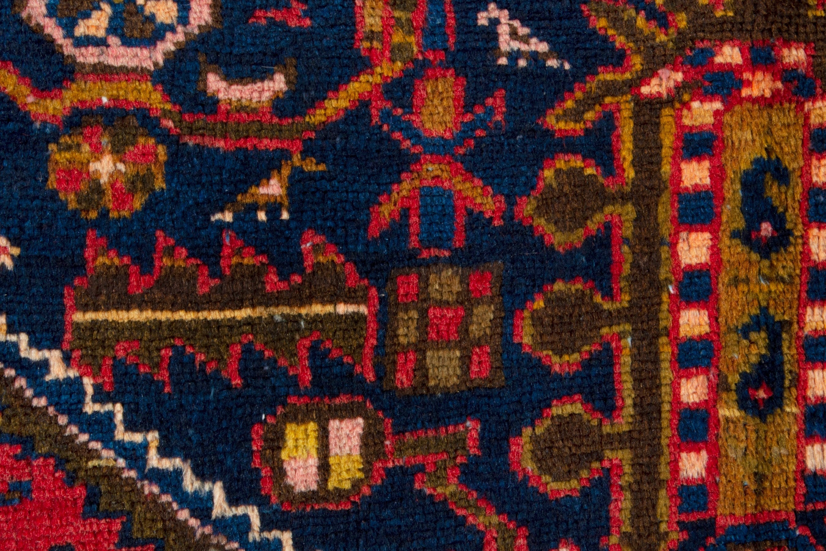 Persian Malayer accent rug in deep red and navy, view 14 of 19